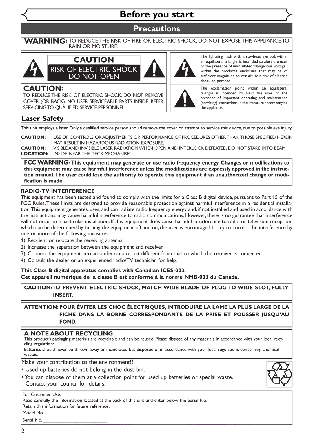 Sylvania SRDV495 owner manual Before you start, Precautions, Laser Safety, Model No Serial No 