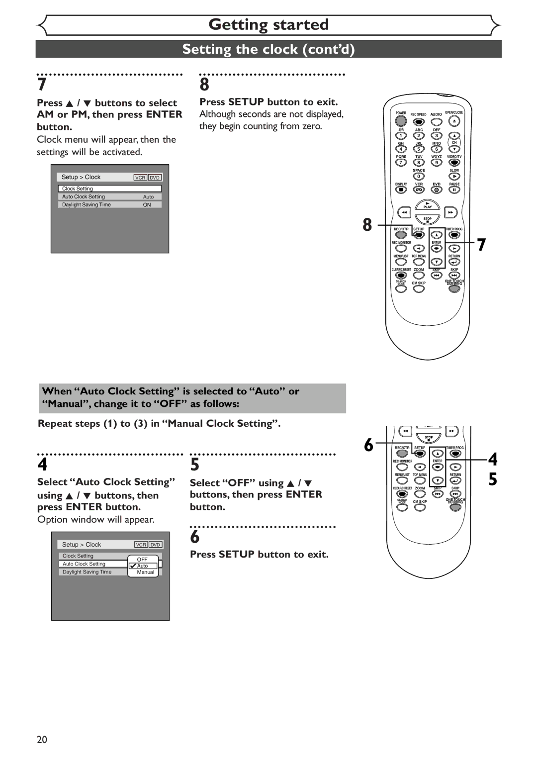 Sylvania SRDV495 owner manual Setting the clock cont’d, Clock menu will appear, then the settings will be activated 