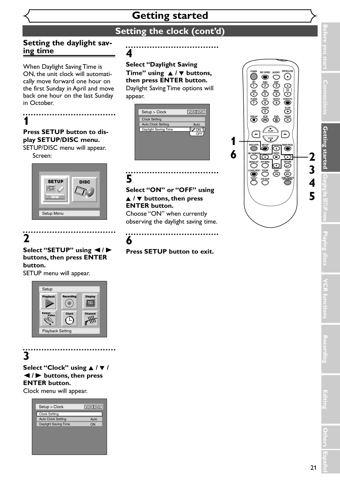 Sylvania SRDV495 owner manual Setting the daylight sav- ing time, Daylight Saving Time options will appear 