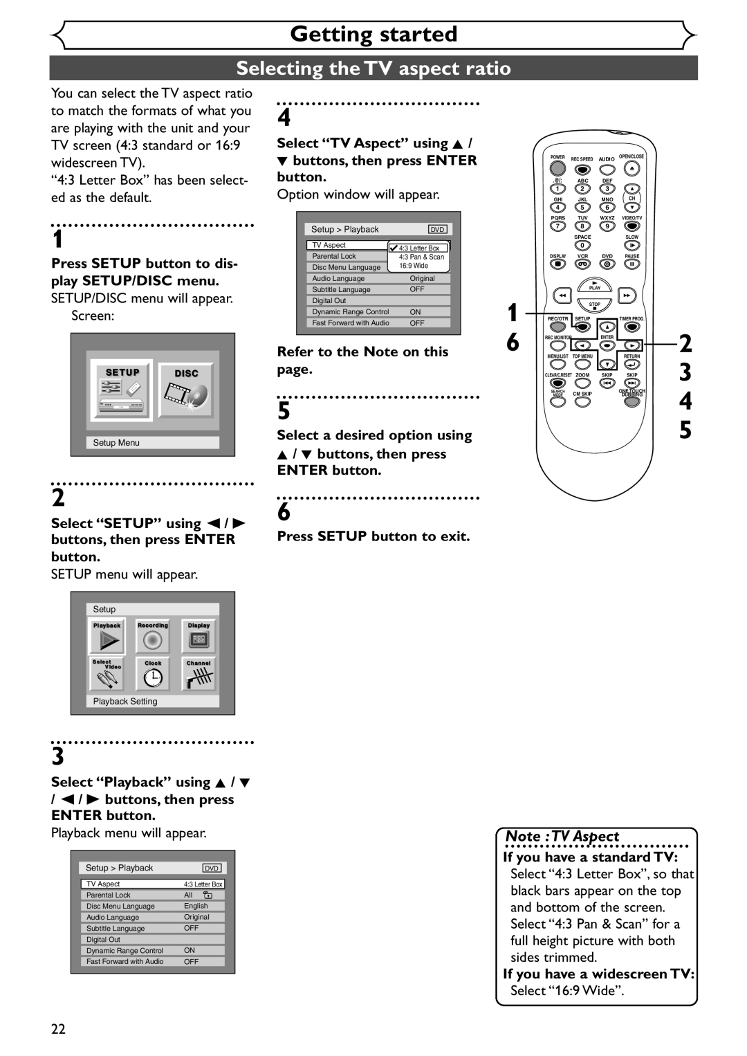 Sylvania SRDV495 owner manual Selecting the TV aspect ratio, Select TV Aspect using K Buttons, then press Enter 