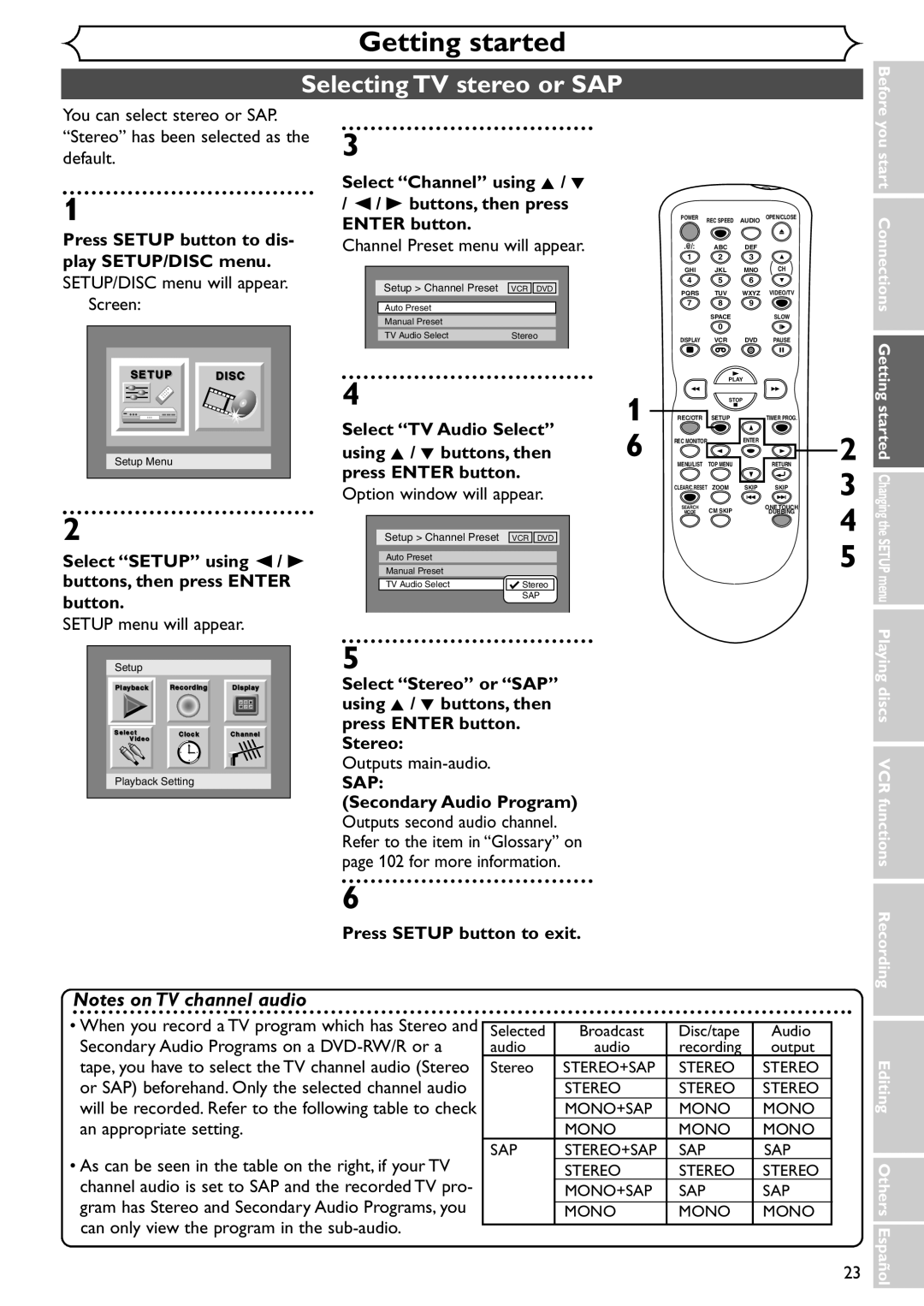 Sylvania SRDV495 owner manual Selecting TV stereo or SAP, Select TV Audio Select, Outputs main-audio 