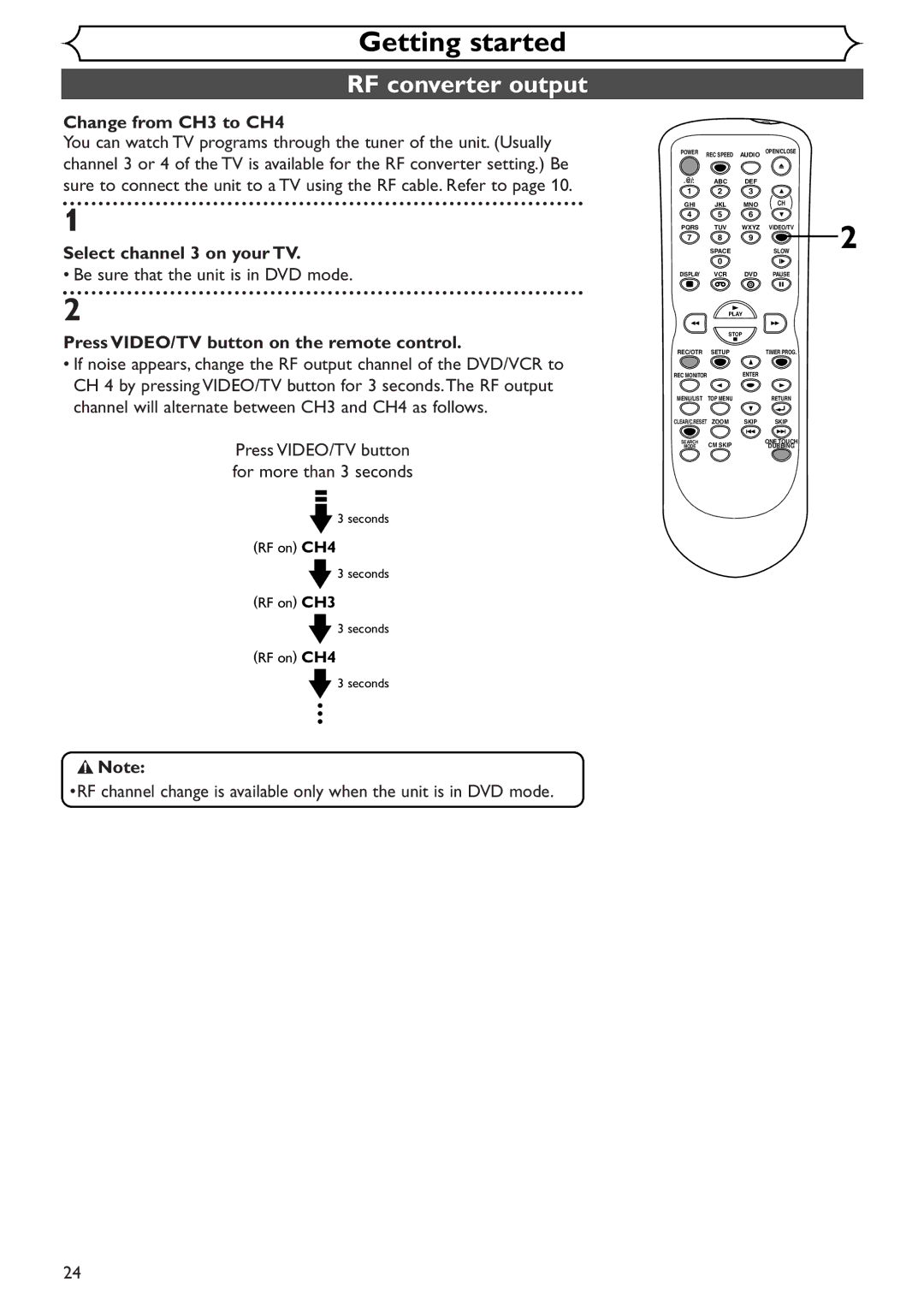 Sylvania SRDV495 owner manual RF converter output, Change from CH3 to CH4, Select channel 3 on your TV 