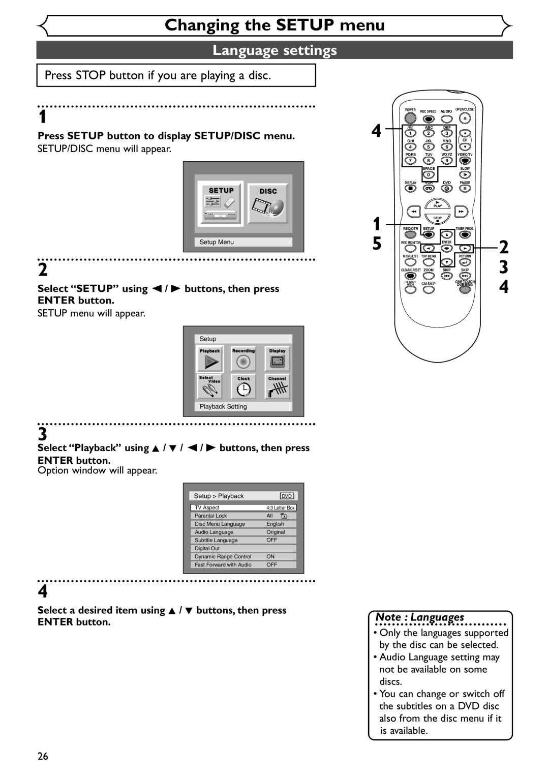 Sylvania SRDV495 owner manual Language settings, Press Setup button to display SETUP/DISC menu, SETUP/DISC menu will appear 