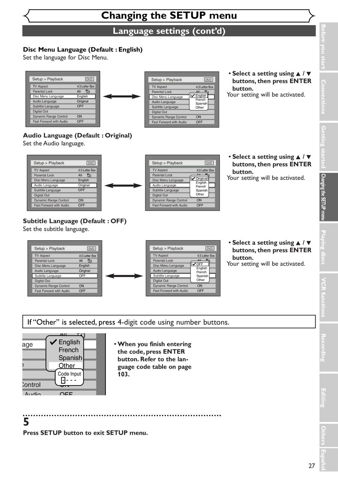 Sylvania SRDV495 owner manual Language settings cont’d 