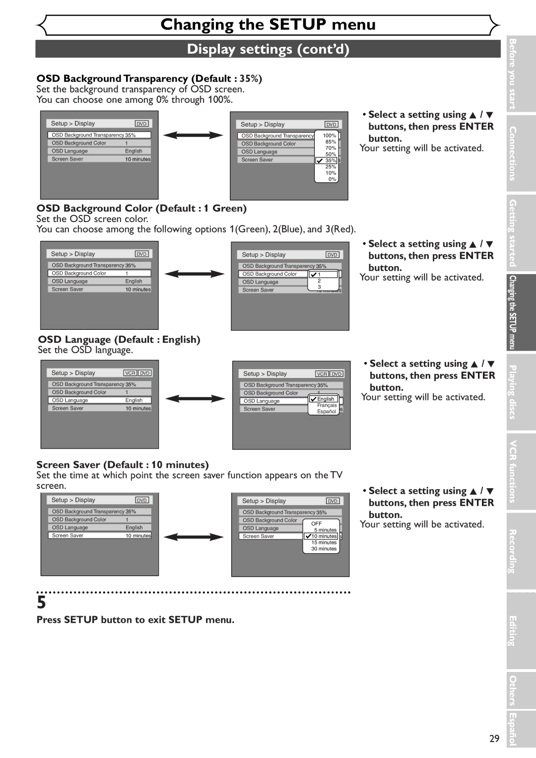 Sylvania SRDV495 Display settings cont’d, OSD Background Transparency Default 35%, OSD Background Color Default 1 Green 