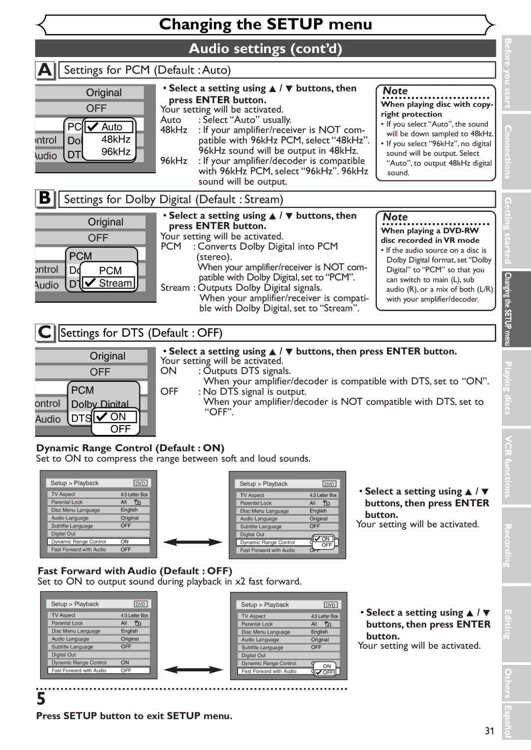 Sylvania SRDV495 owner manual Audio settings cont’d 