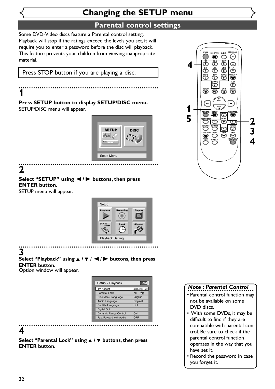 Sylvania SRDV495 owner manual Parental control settings 