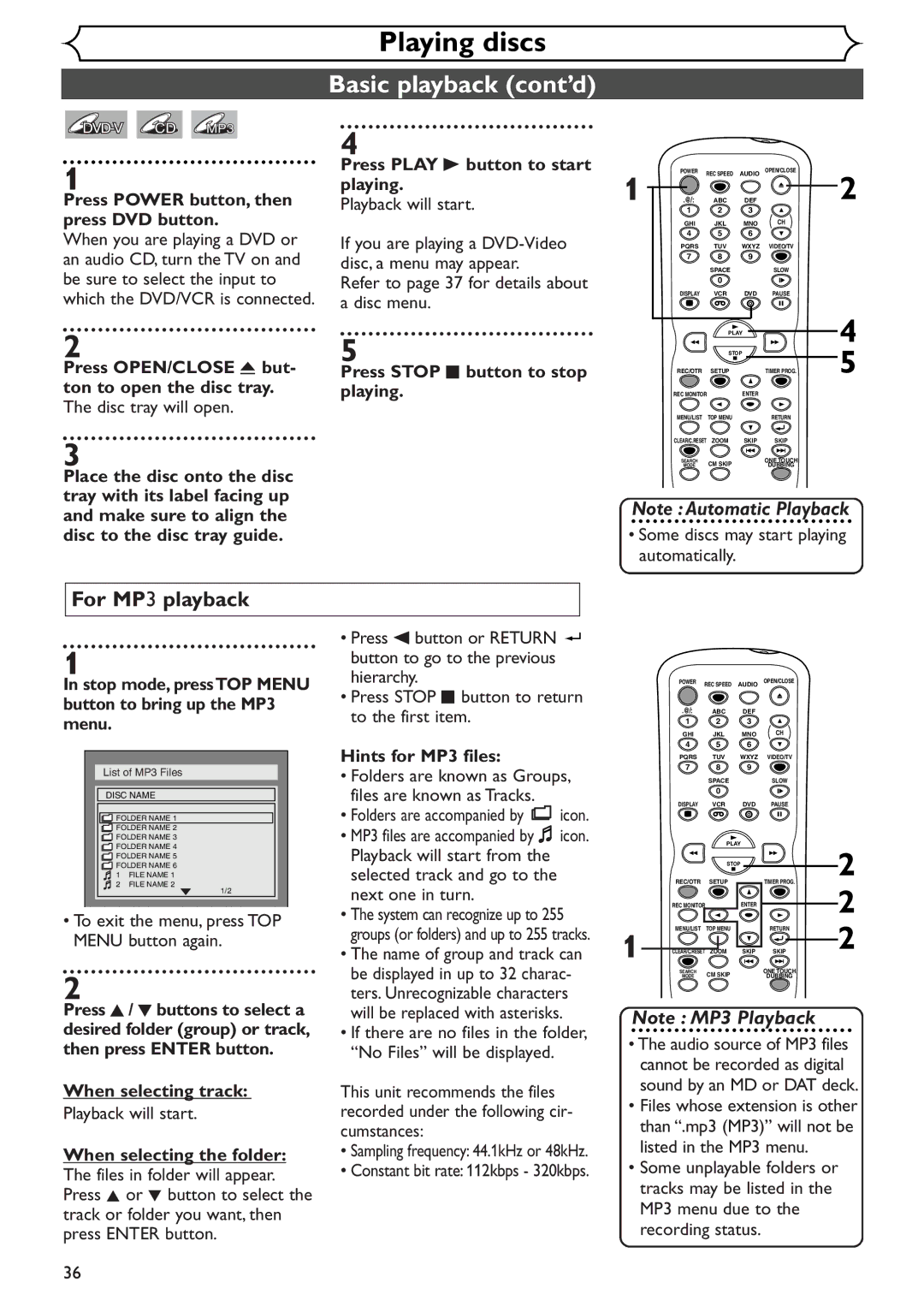 Sylvania SRDV495 owner manual Basic playback cont’d, For MP3 playback 