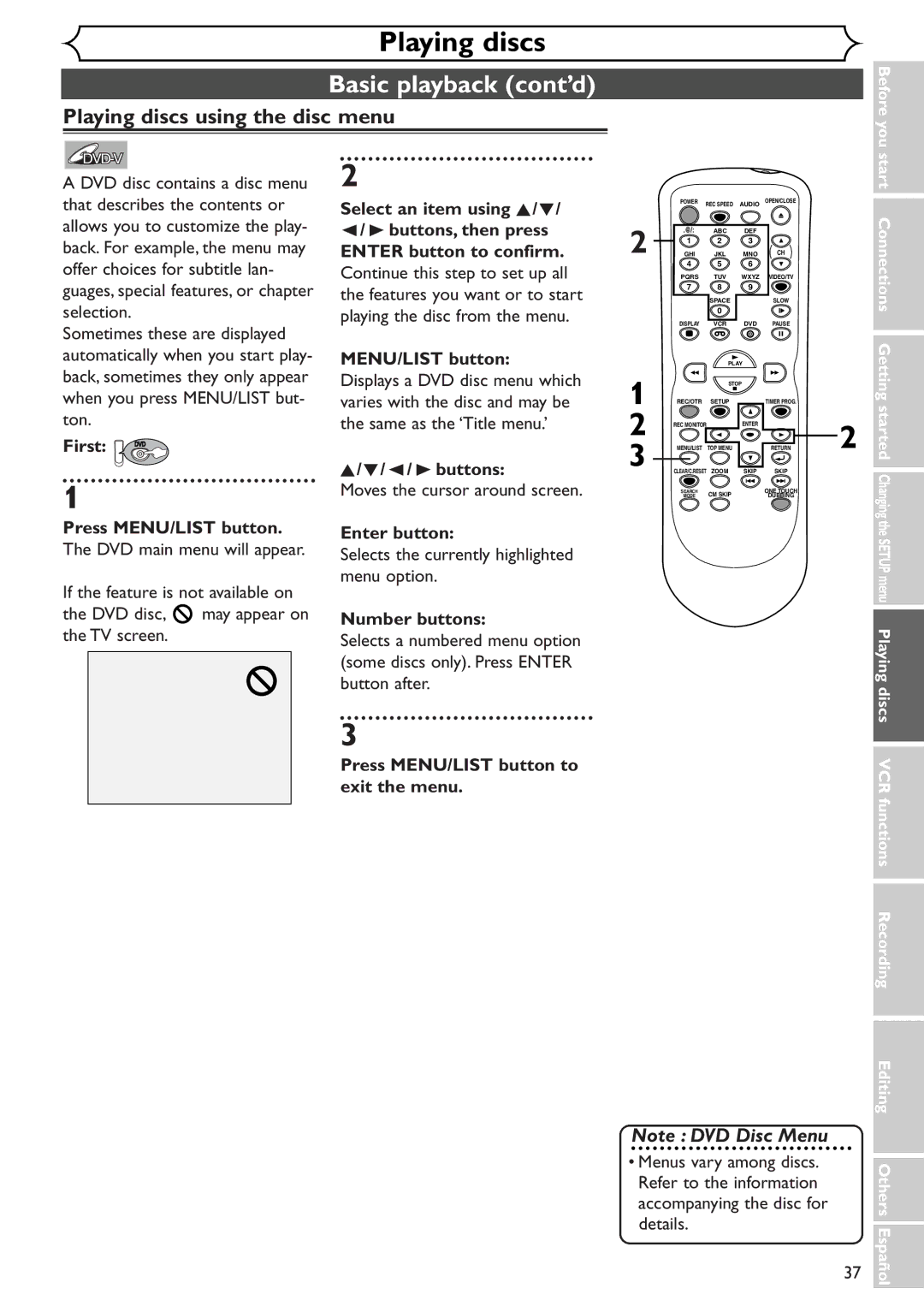 Sylvania SRDV495 owner manual Playing discs using the disc menu, First DVD Press MENU/LIST button, B buttons 