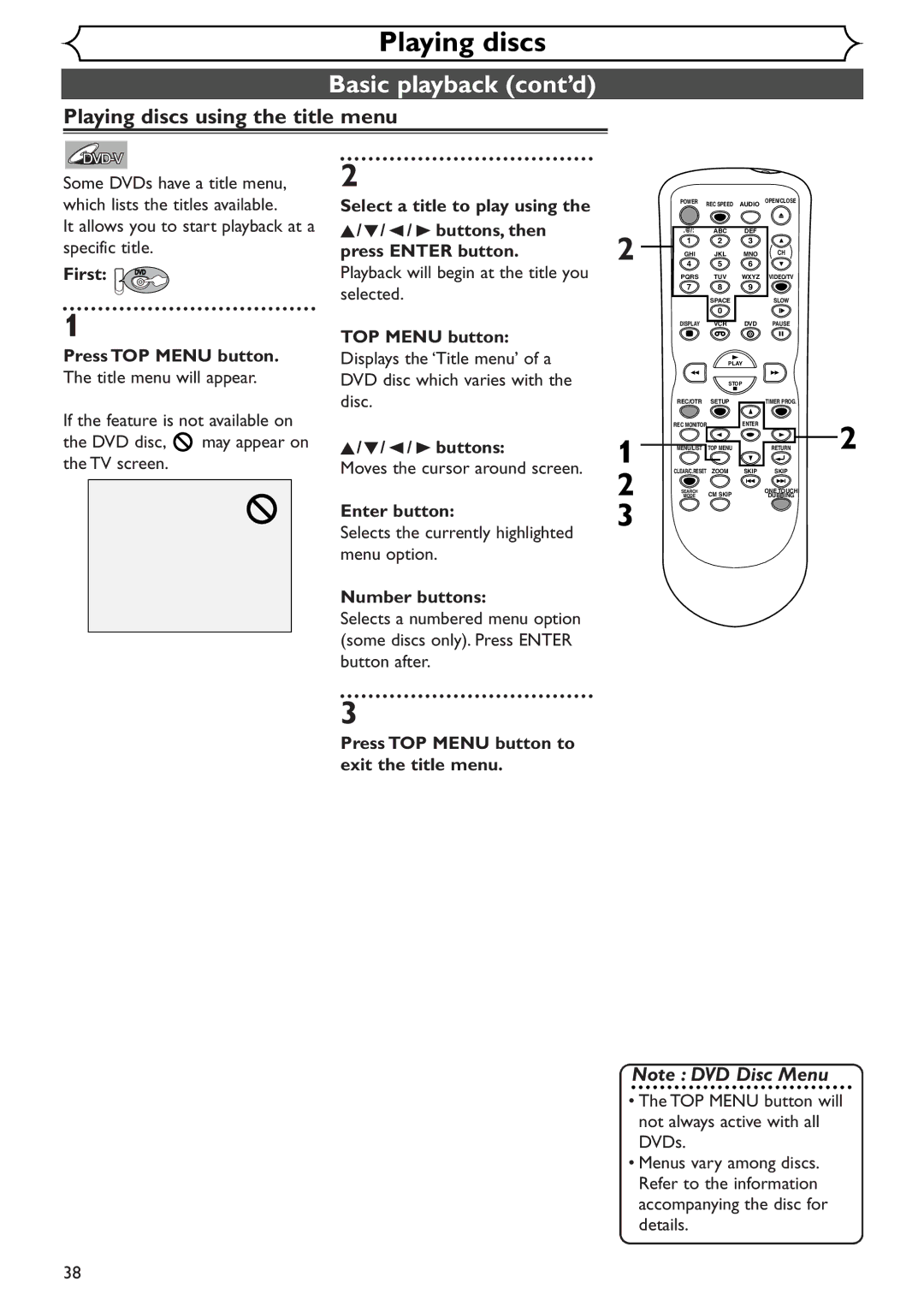 Sylvania SRDV495 owner manual Playing discs using the title menu, Press TOP Menu button to exit the title menu 