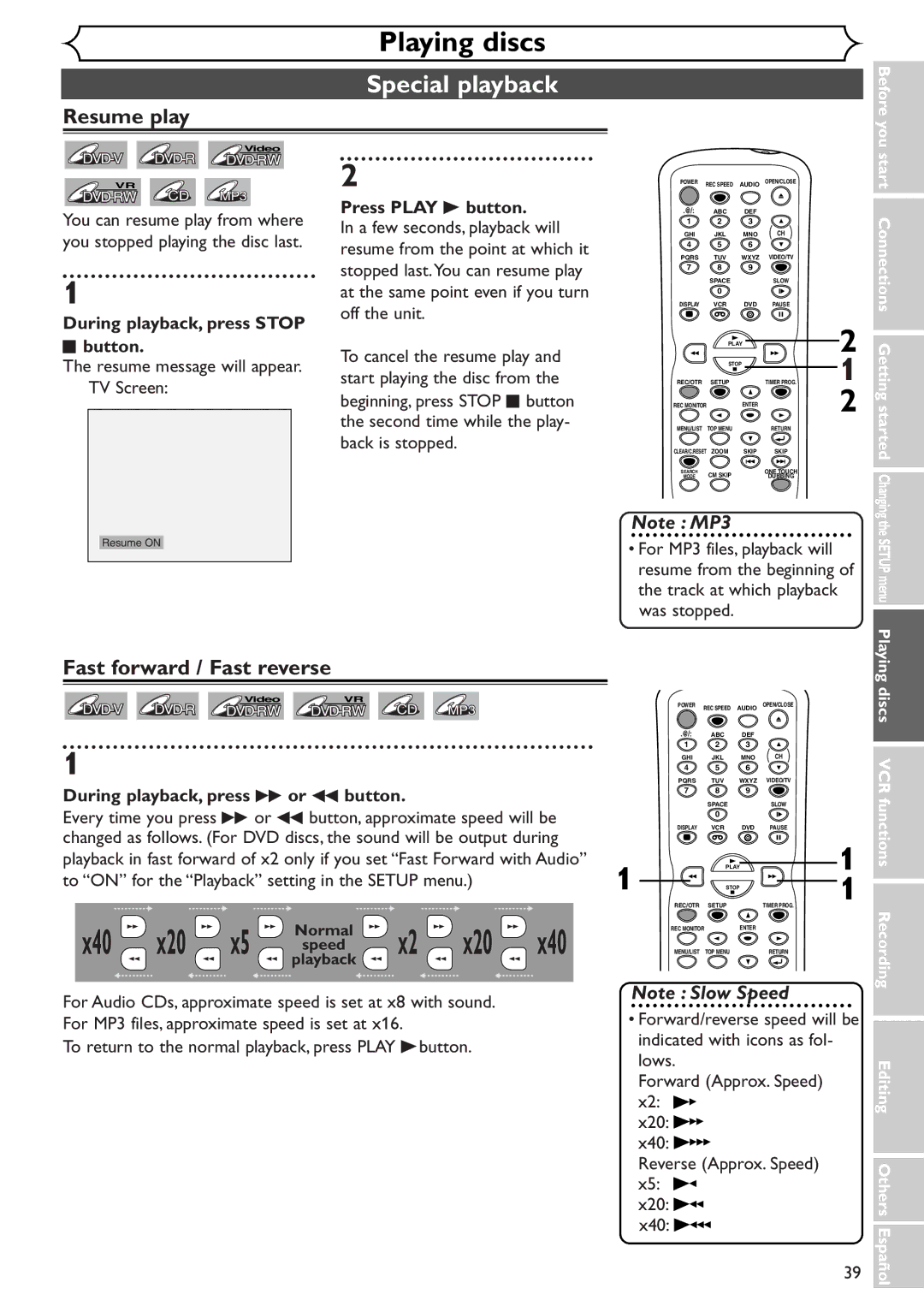 Sylvania SRDV495 owner manual Special playback, Resume play, Fast forward / Fast reverse 