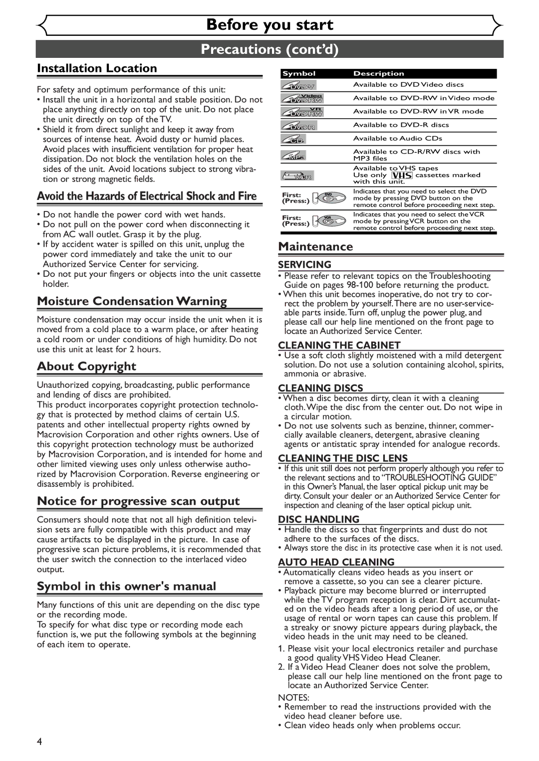 Sylvania SRDV495 owner manual Installation Location, Moisture Condensation Warning, About Copyright, Maintenance 