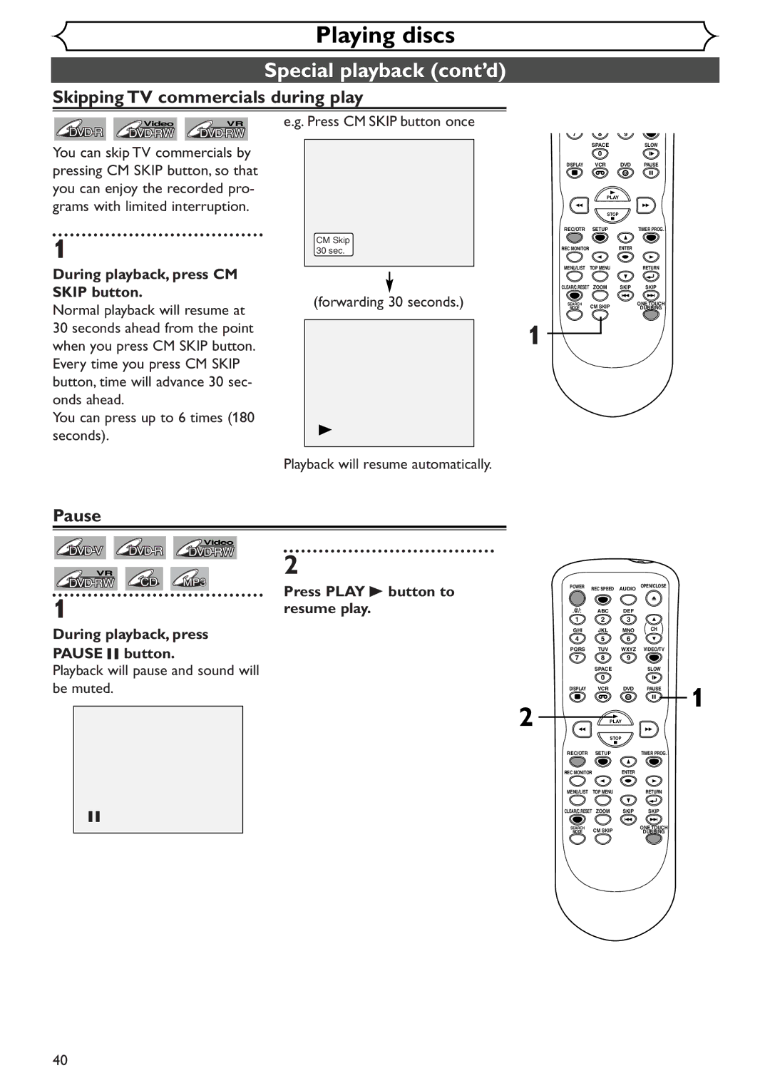 Sylvania SRDV495 owner manual Special playback cont’d, Skipping TV commercials during play, Pause 