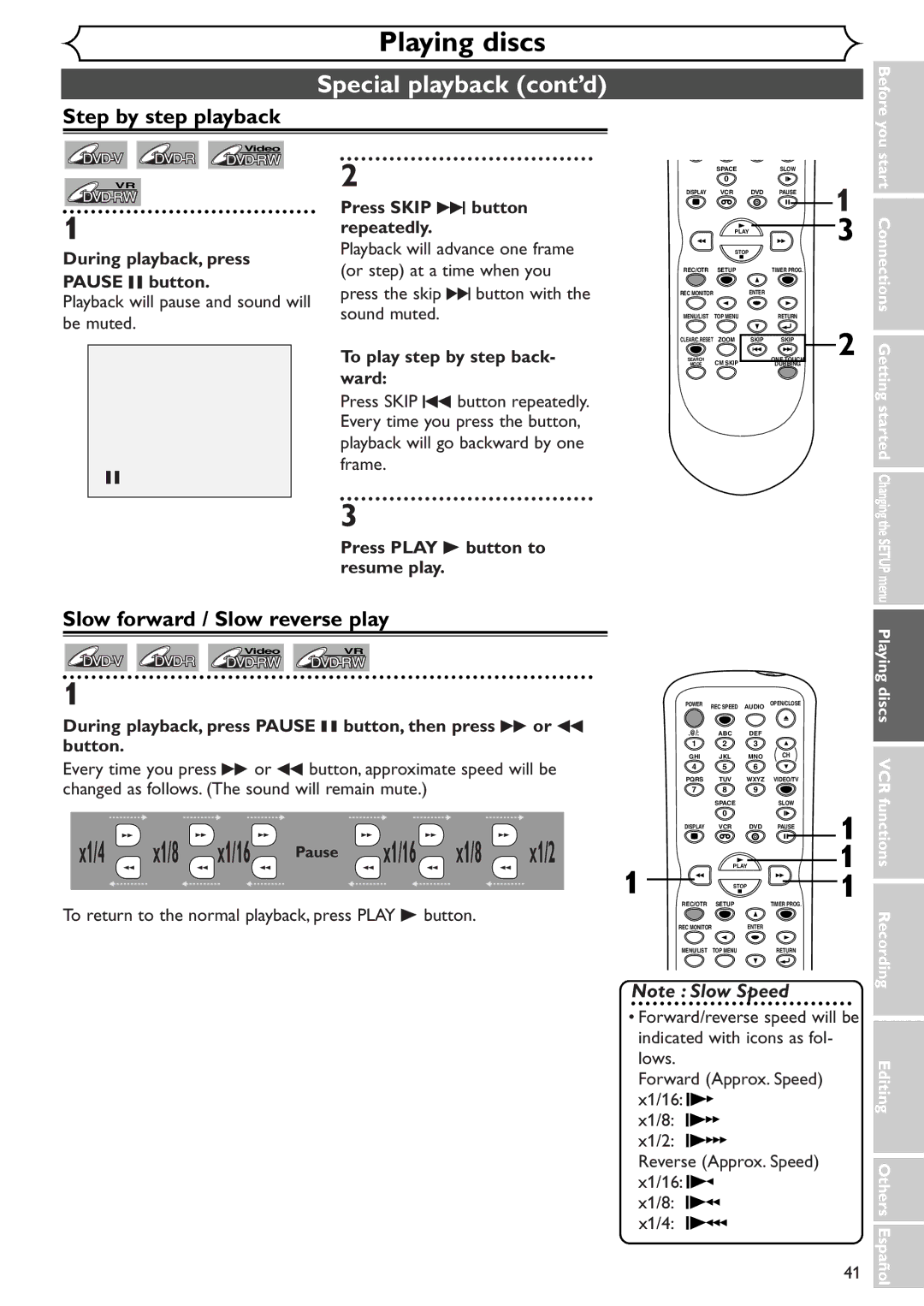 Sylvania SRDV495 owner manual Step by step playback, Slow forward / Slow reverse play, Press Skip G button repeatedly 