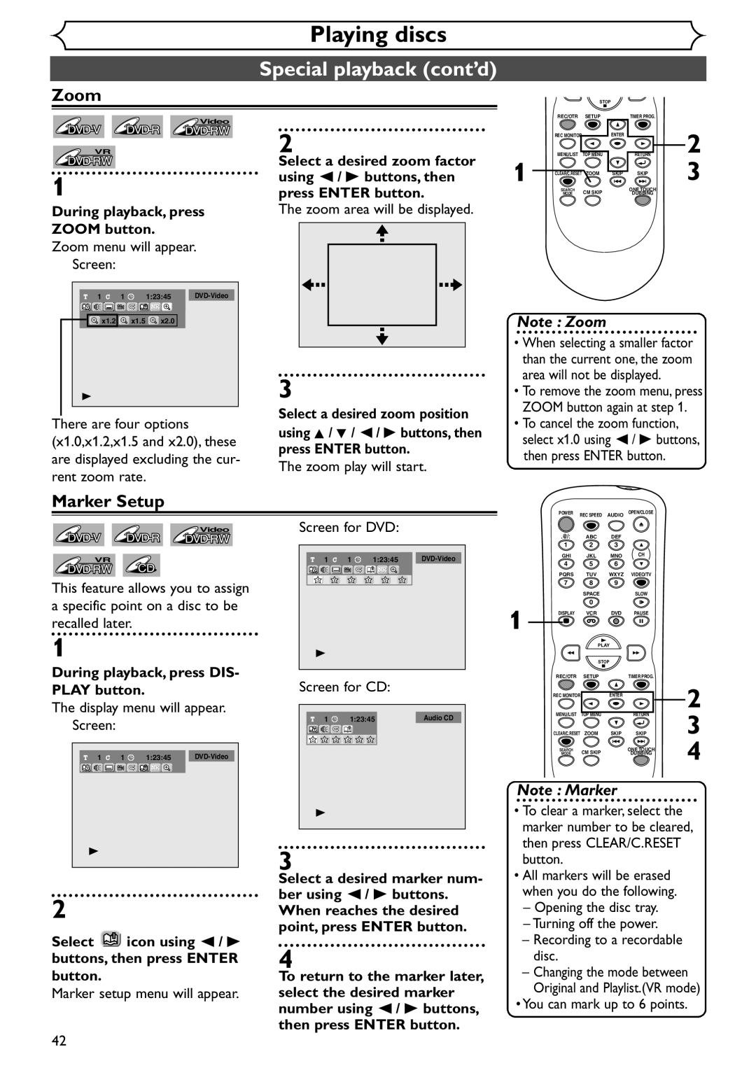 Sylvania SRDV495 owner manual Marker Setup, During playback, press Zoom button, During playback, press DIS- Play button 