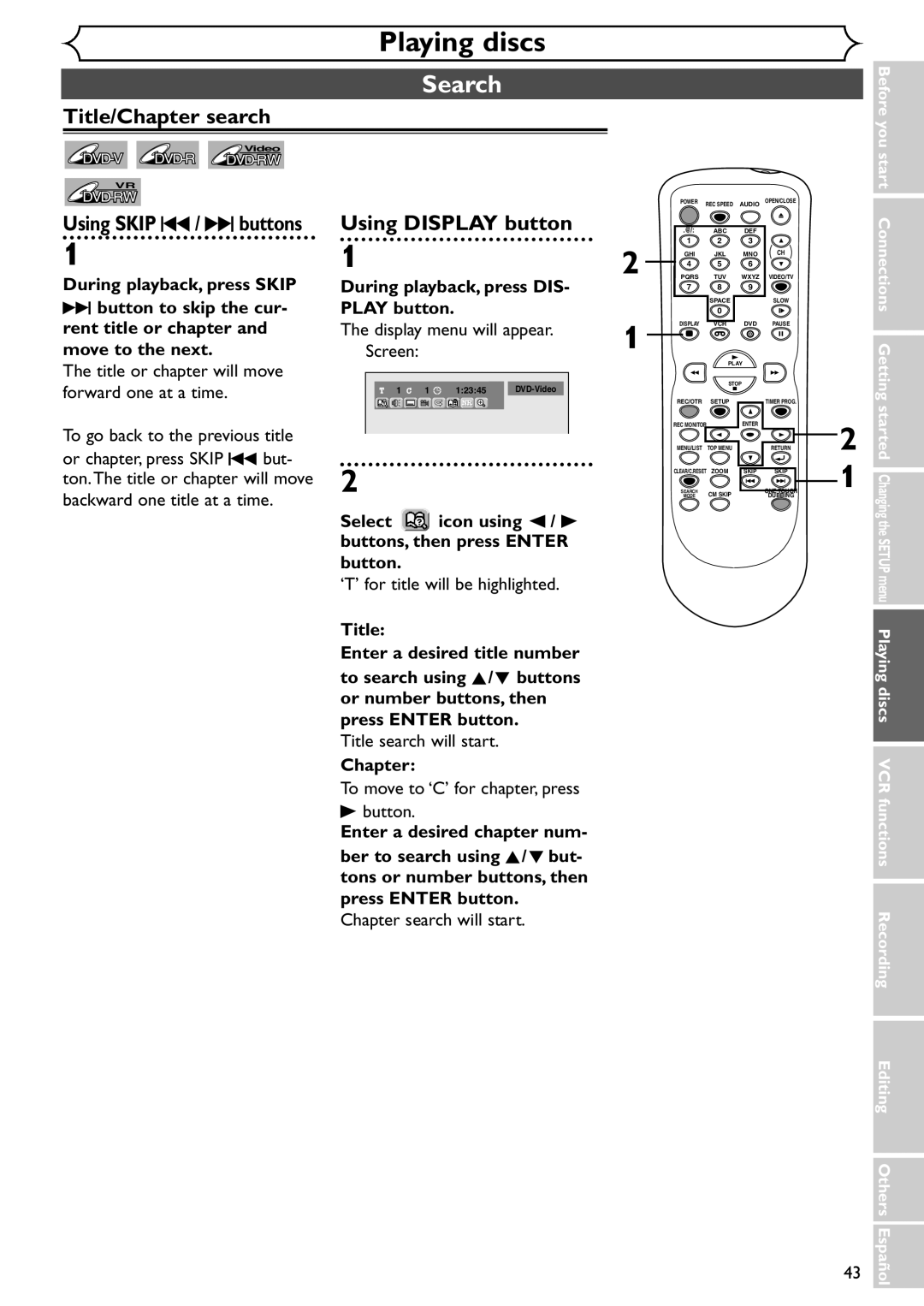 Sylvania SRDV495 owner manual Search, Title/Chapter search, Using Skip H / G buttons, Using Display button 