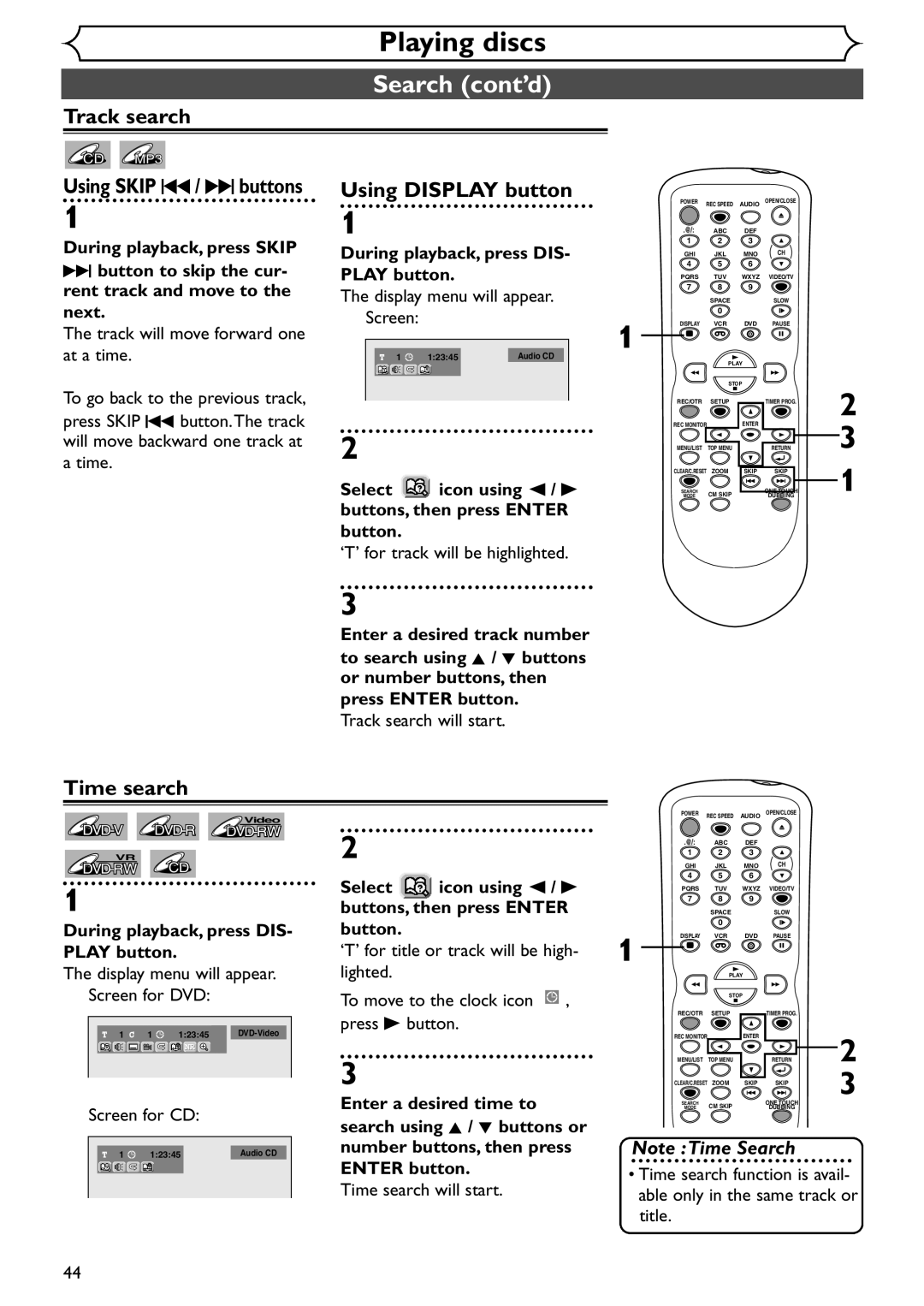 Sylvania SRDV495 owner manual Search cont’d, Track search, Time search 