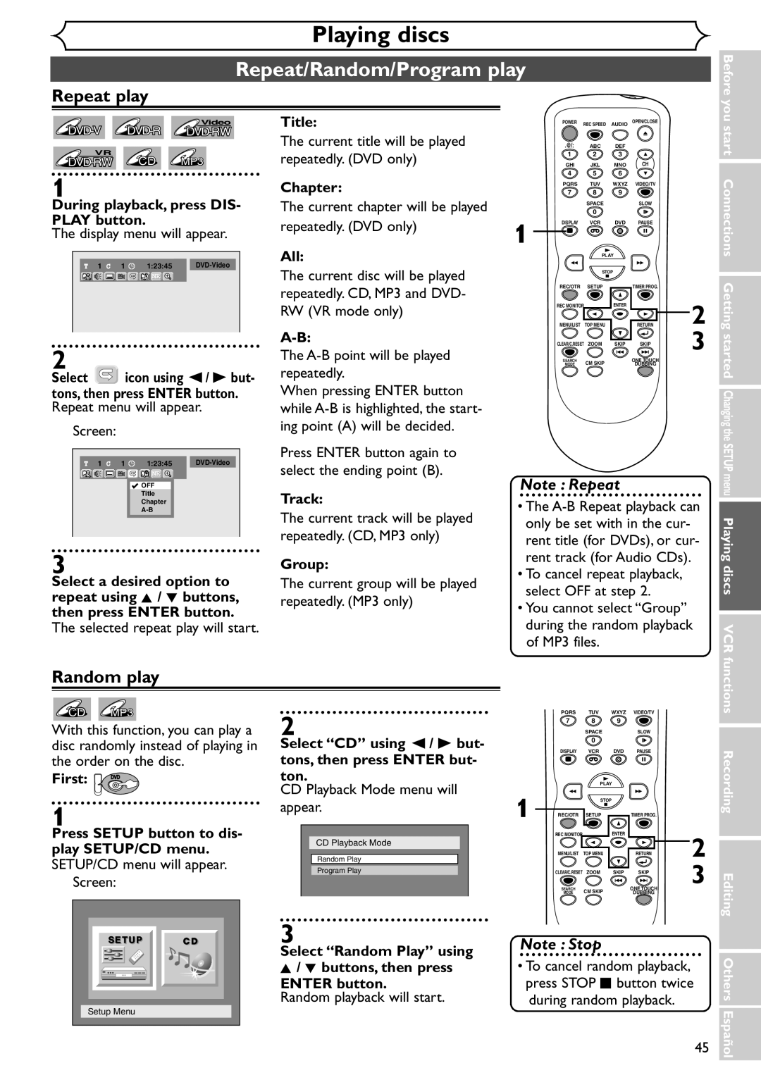 Sylvania SRDV495 owner manual Repeat/Random/Program play, Repeat play, Random play 