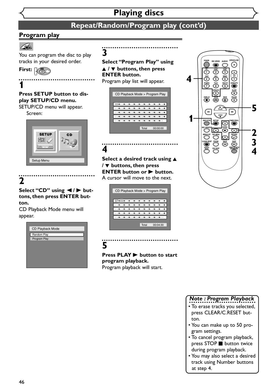 Sylvania SRDV495 owner manual Repeat/Random/Program play cont’d, Select Program Play using Buttons, then press Enter button 