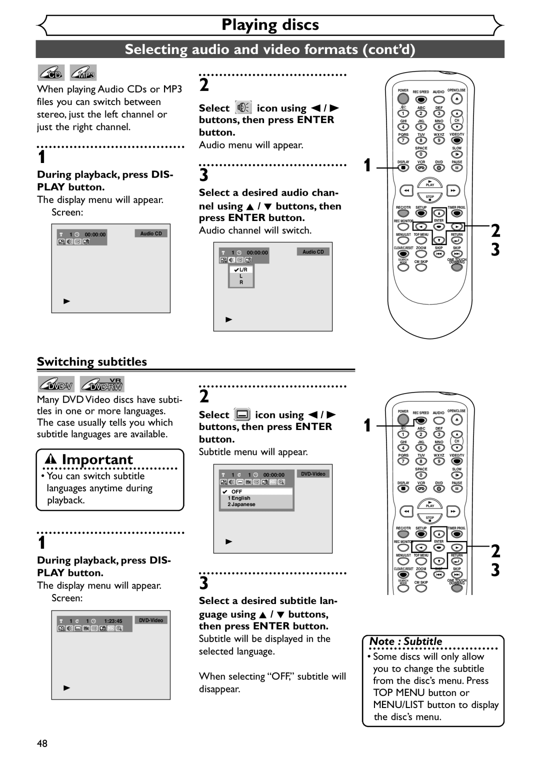 Sylvania SRDV495 owner manual Selecting audio and video formats cont’d, Switching subtitles 