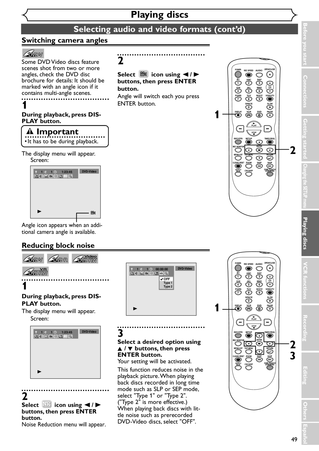 Sylvania SRDV495 owner manual Switching camera angles, Reducing block noise, Angle will switch each you press 