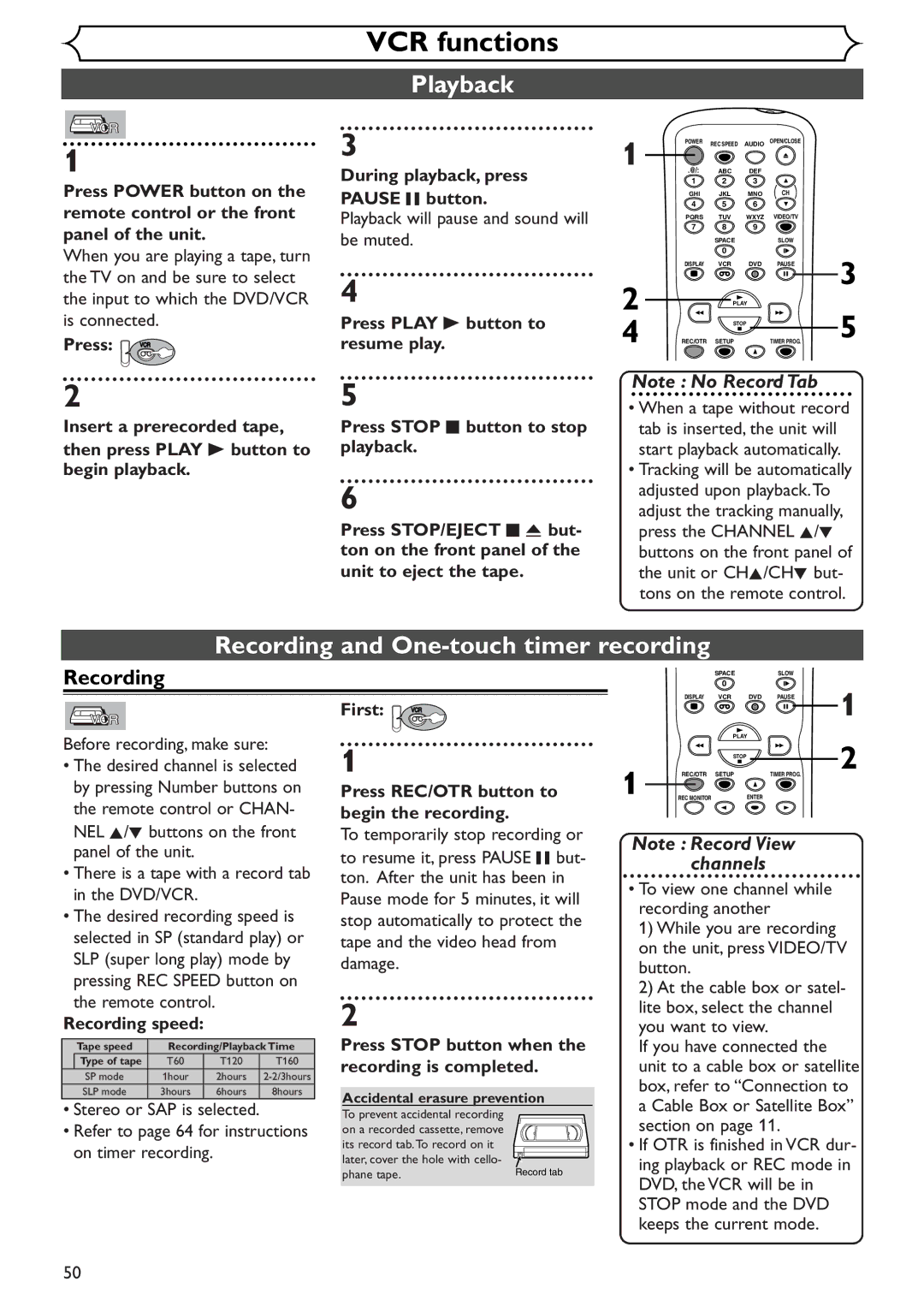 Sylvania SRDV495 owner manual VCR functions, Playback, Recording and One-touch timer recording 