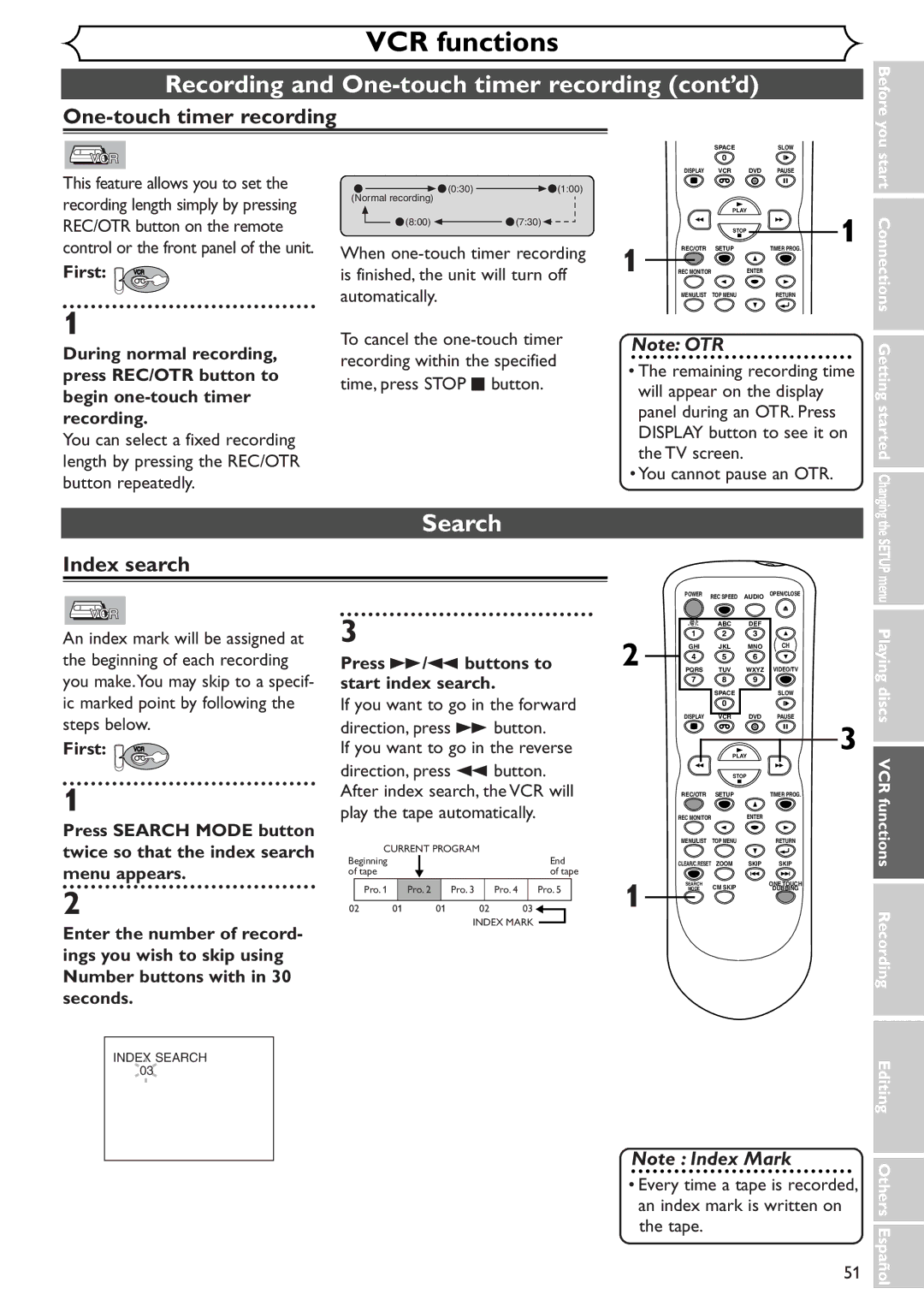 Sylvania SRDV495 owner manual One-touch timer recording, Index search, Begin one-touch timer, During normal recording 