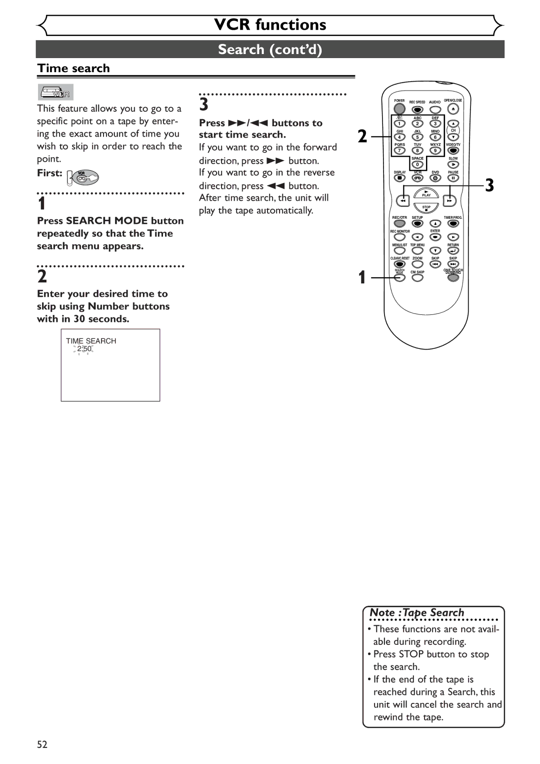 Sylvania SRDV495 Press g/h buttons to, Start time search, If you want to go in the forward, Direction, press g button 