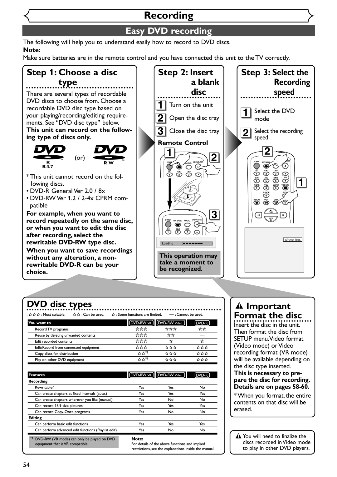 Sylvania SRDV495 owner manual Recording, Easy DVD recording 