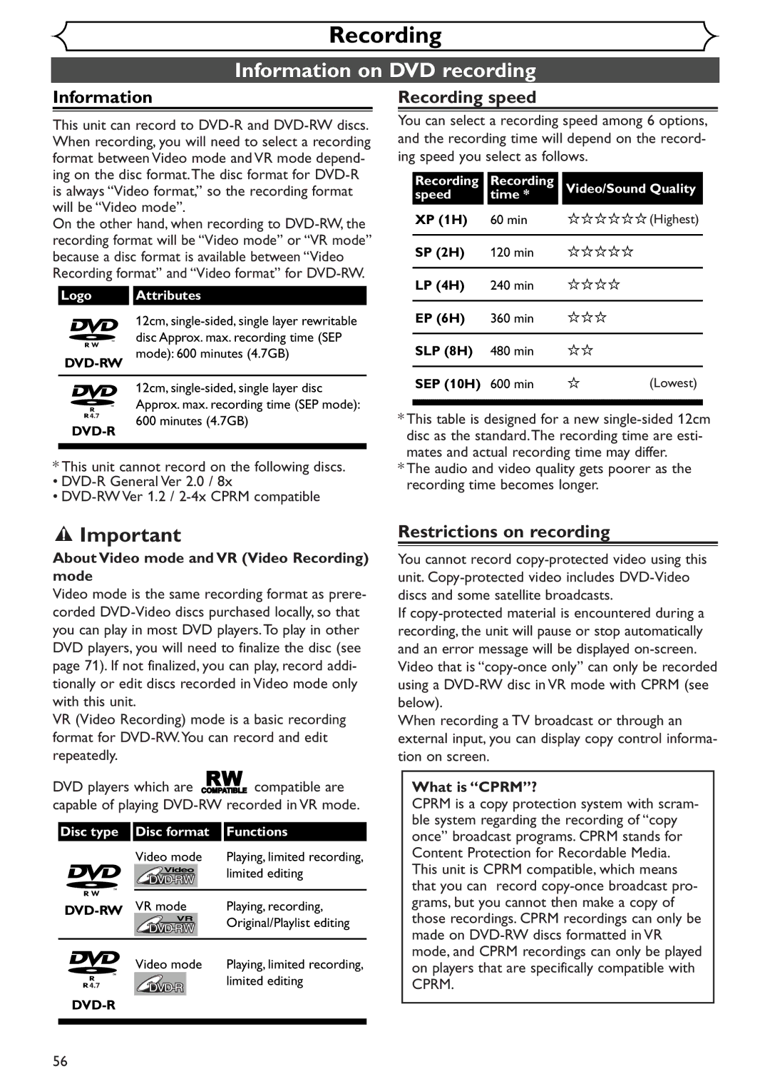 Sylvania SRDV495 owner manual Information on DVD recording, Recording speed, Restrictions on recording 