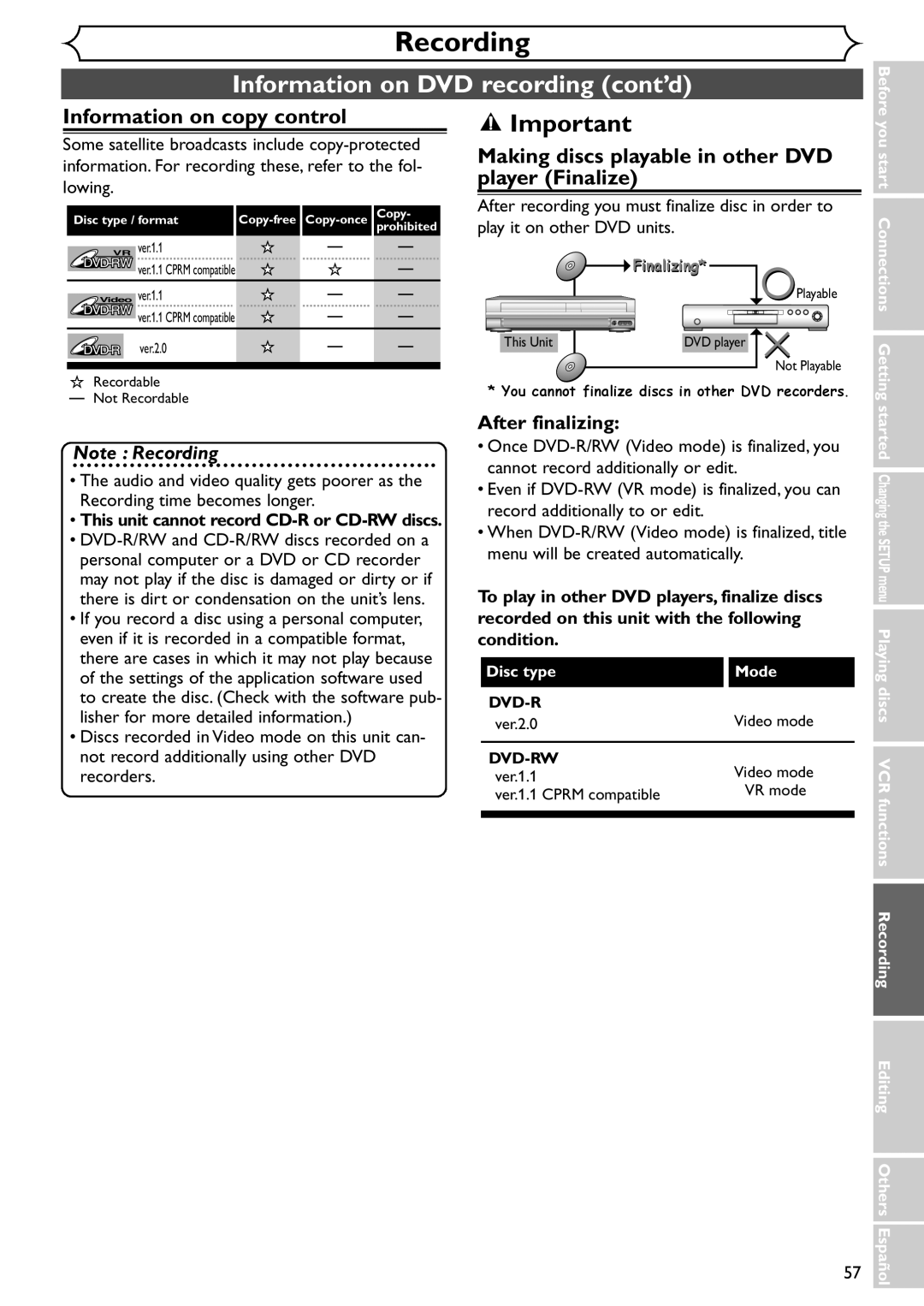 Sylvania SRDV495 owner manual Information on DVD recording cont’d, Information on copy control 