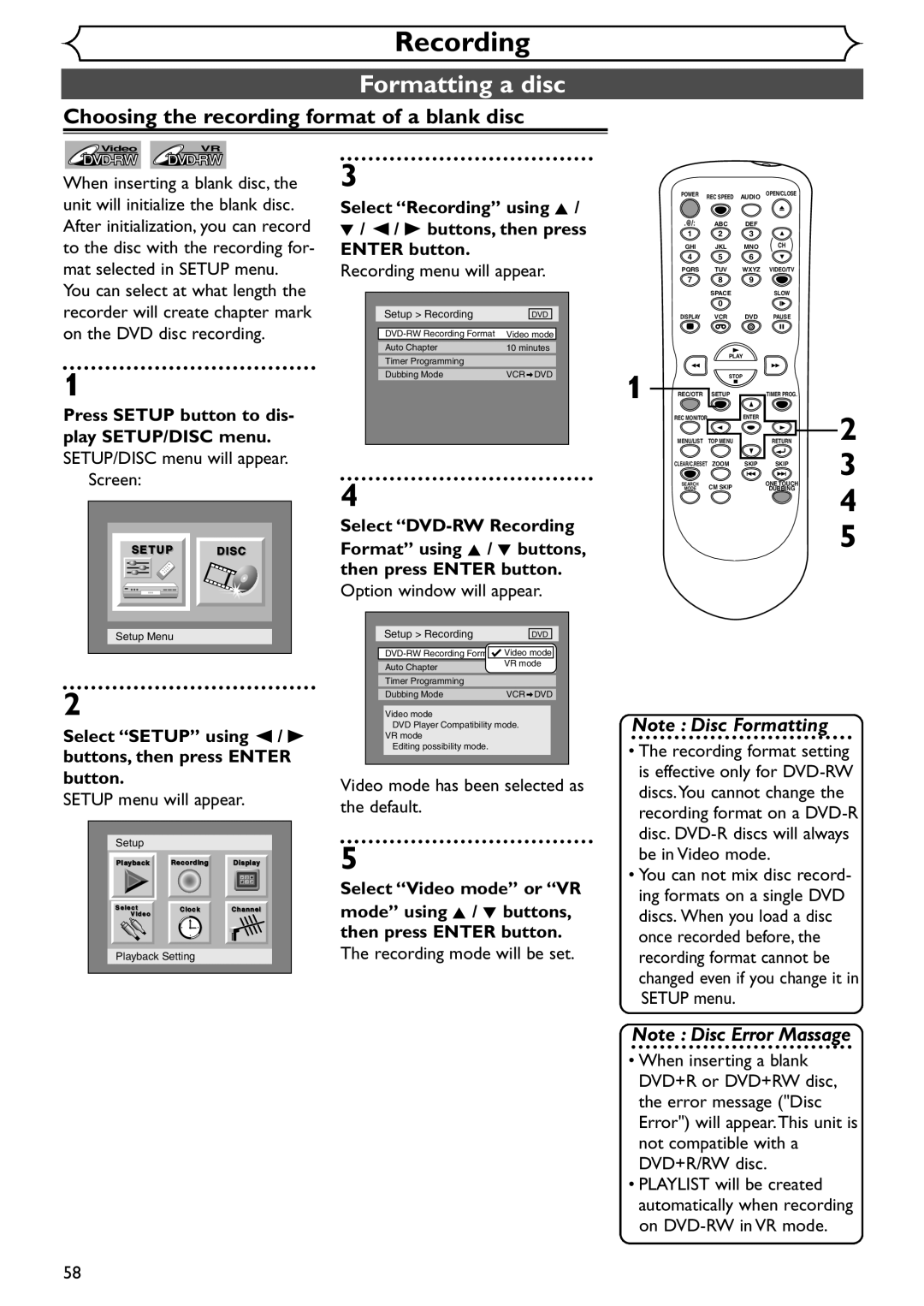 Sylvania SRDV495 Formatting a disc, Choosing the recording format of a blank disc, SETUP/DISC menu will appear Screen 