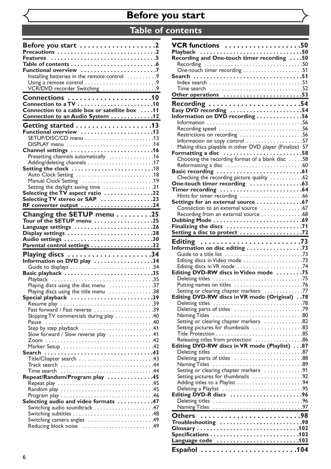 Sylvania SRDV495 owner manual Table of contents 