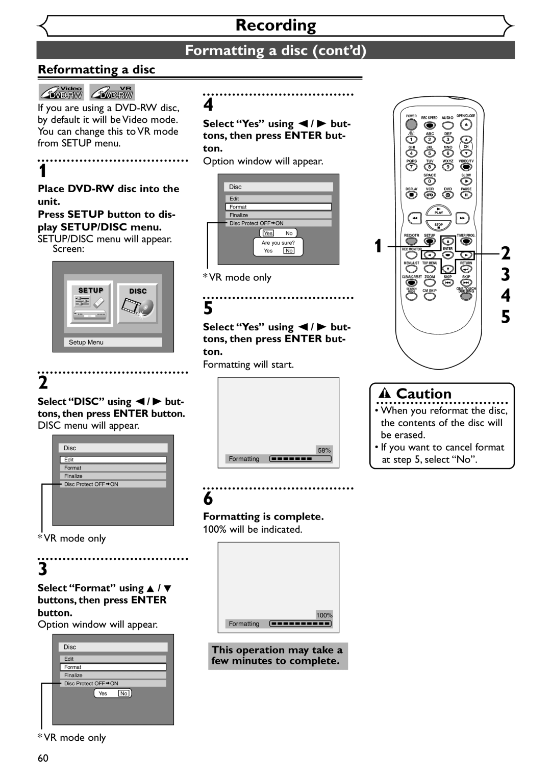 Sylvania SRDV495 Reformatting a disc, Formatting is complete, Select Format using K / L buttons, then press Enter button 