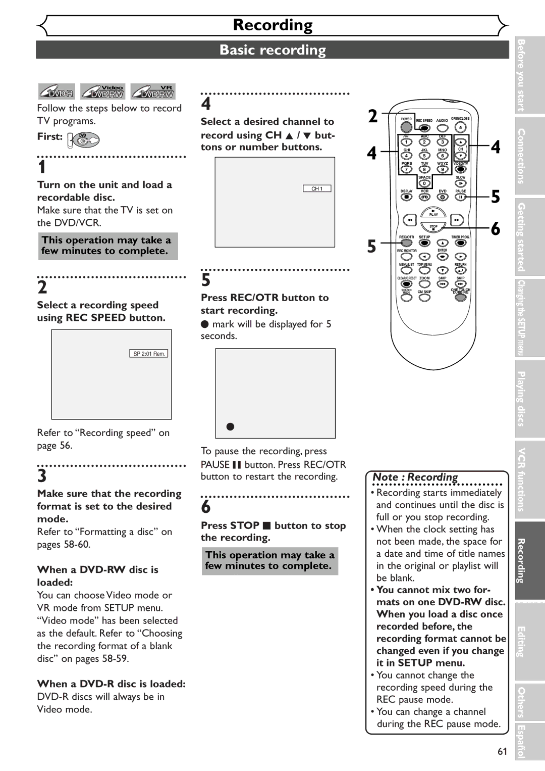 Sylvania SRDV495 owner manual Basic recording 