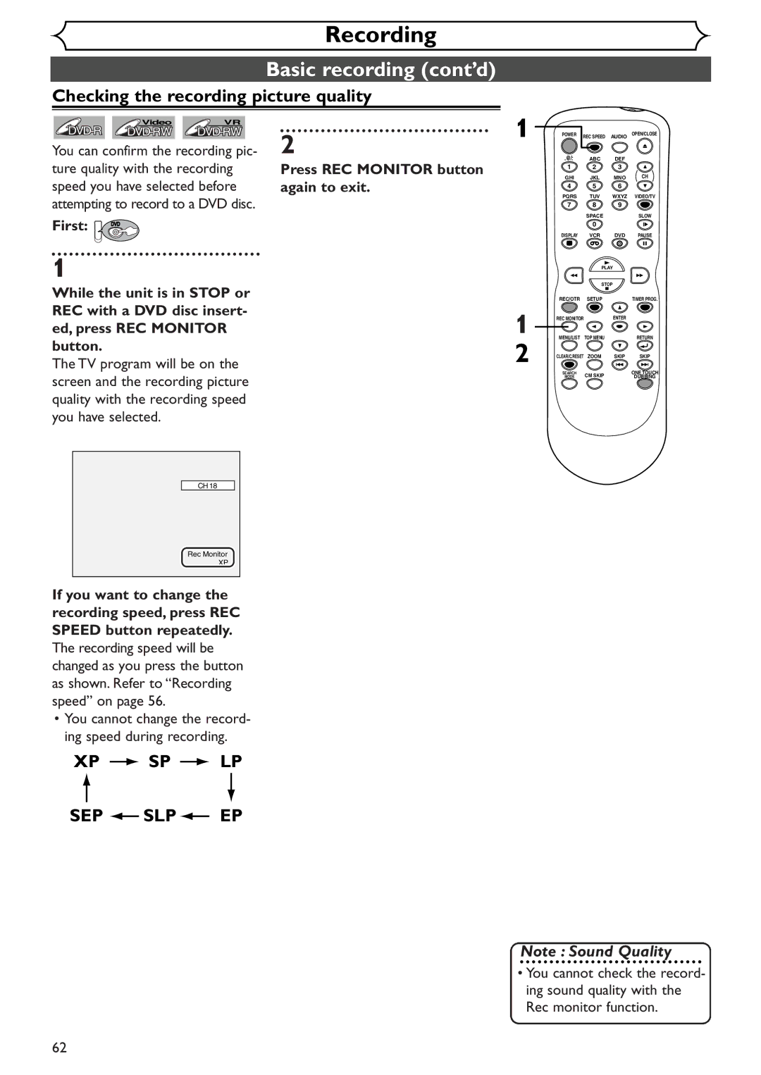 Sylvania SRDV495 owner manual Basic recording cont’d, Checking the recording picture quality, Xp Sp Lp 