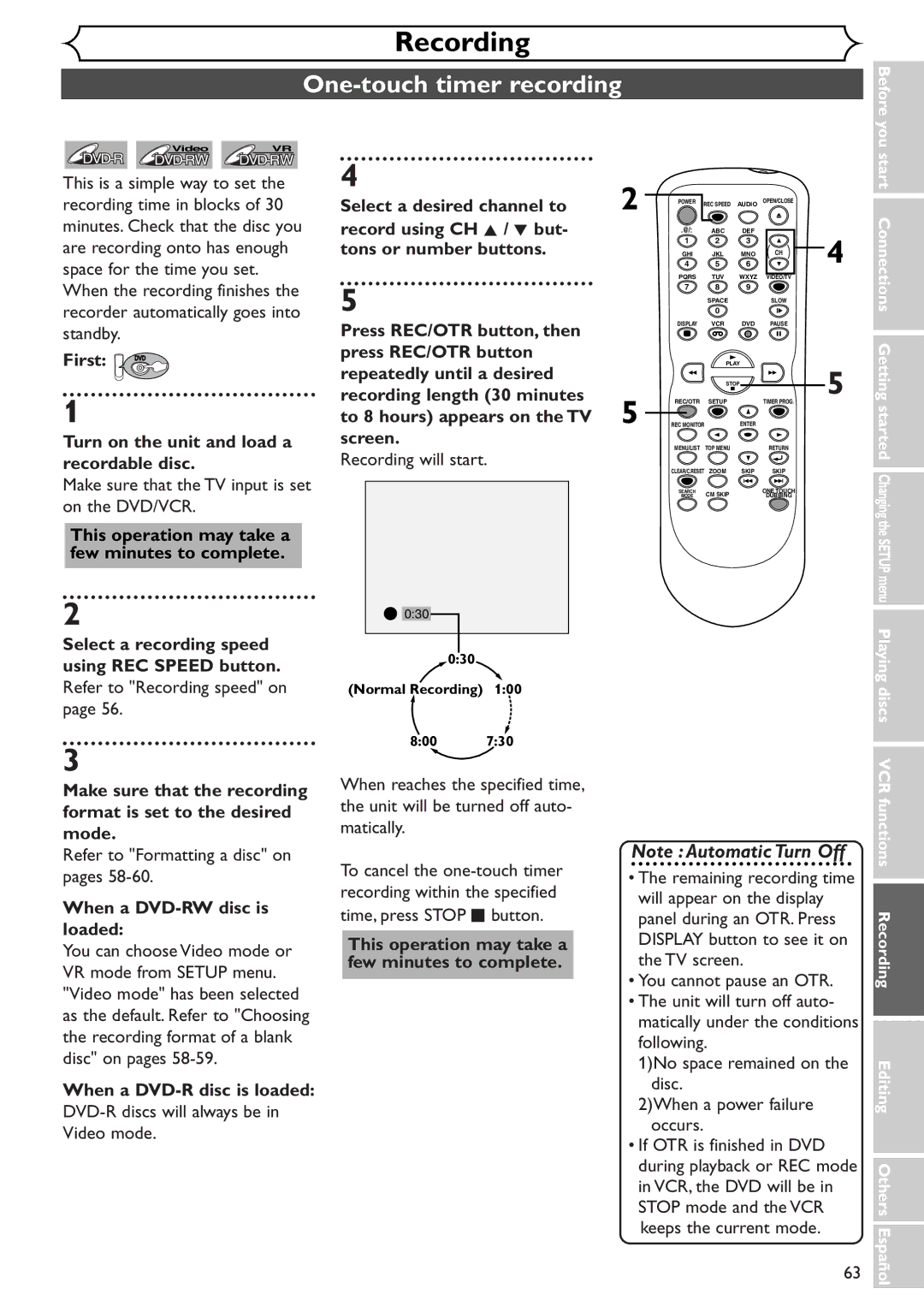 Sylvania SRDV495 One-touch timer recording, Make sure that the TV input is set on the DVD/VCR, Recording will start 