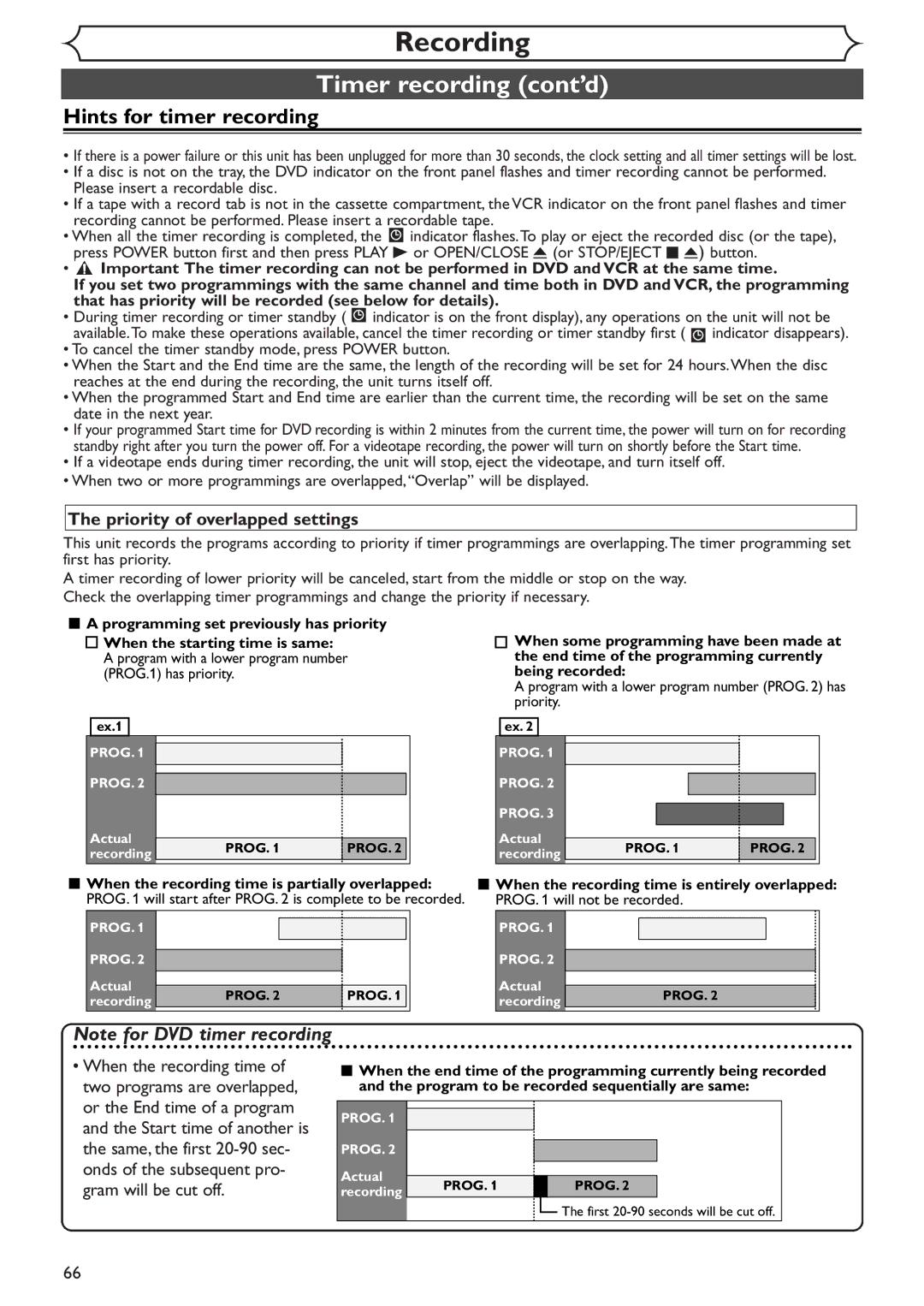 Sylvania SRDV495 owner manual Hints for timer recording, Priority of overlapped settings 