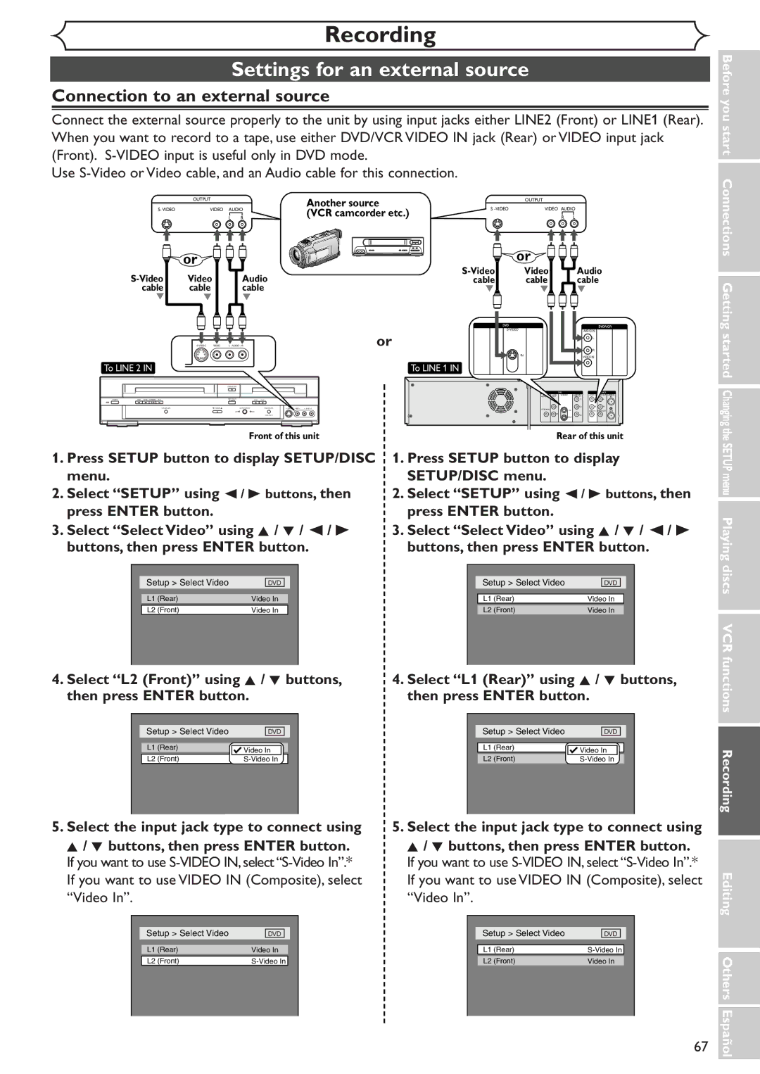 Sylvania SRDV495 owner manual Settings for an external source, Connection to an external source, Setup Select Video 