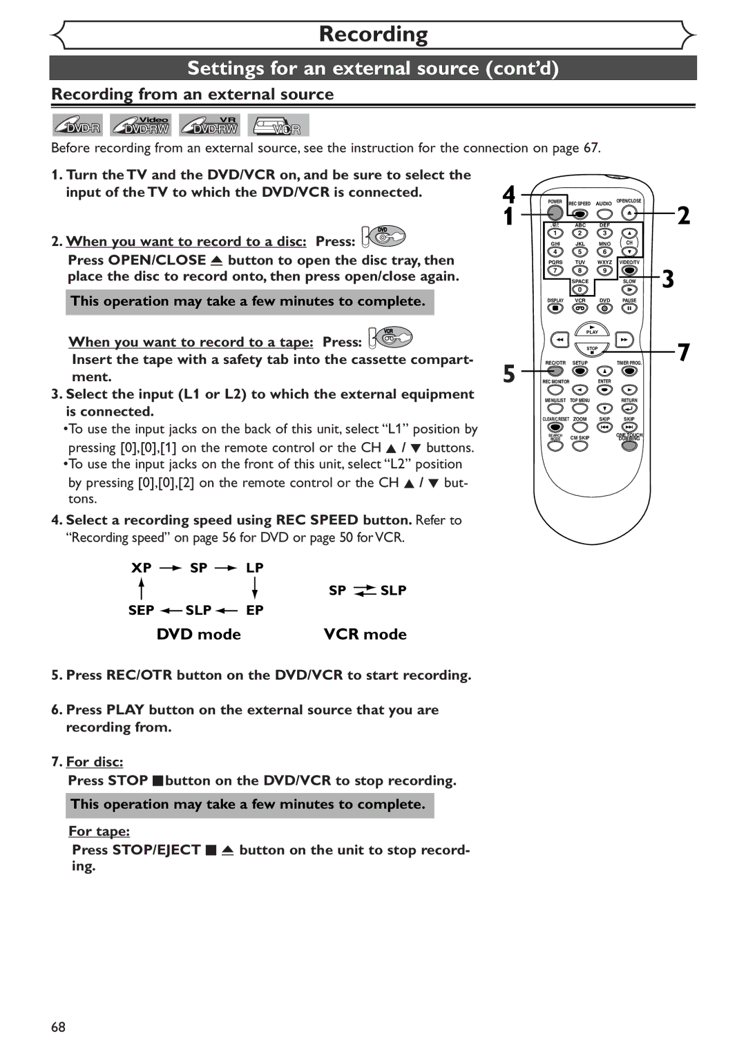 Sylvania SRDV495 owner manual Settings for an external source cont’d, Recording from an external source 