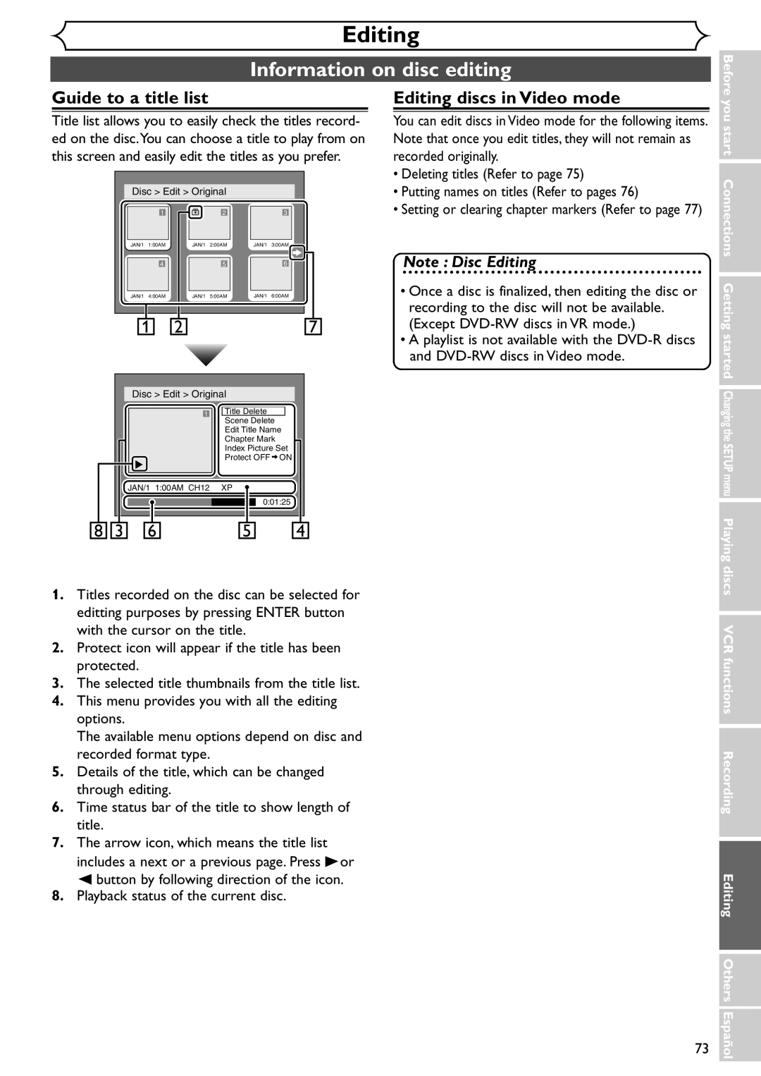 Sylvania SRDV495 owner manual Information on disc editing, Guide to a title list, Editing discs in Video mode 