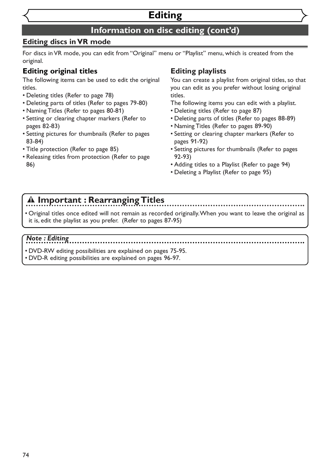 Sylvania SRDV495 Information on disc editing cont’d, Editing discs in VR mode, Editing original titles, Editing playlists 