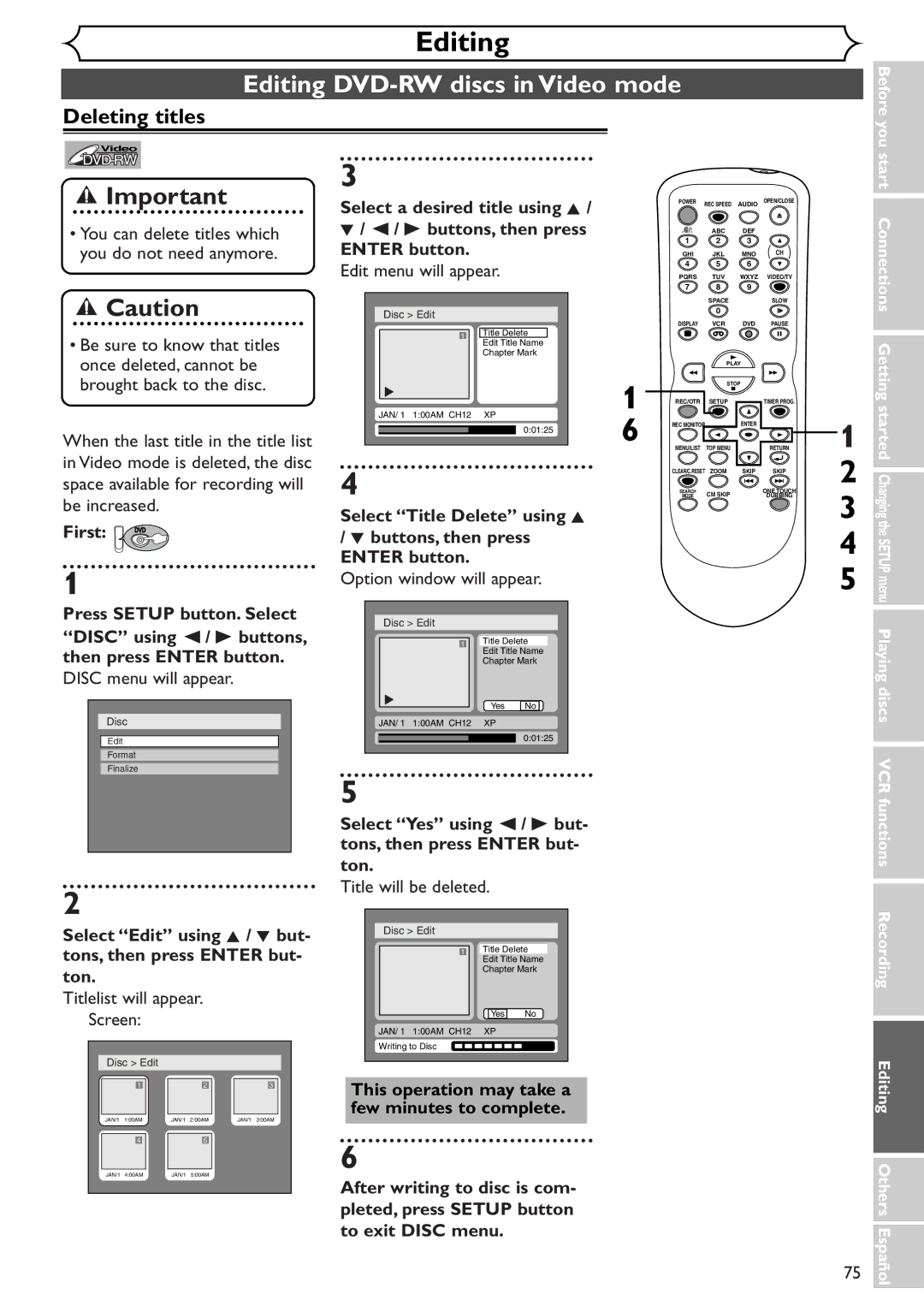 Sylvania SRDV495 owner manual Editing DVD-RW discs in Video mode, Deleting titles, When the last title in the title list 