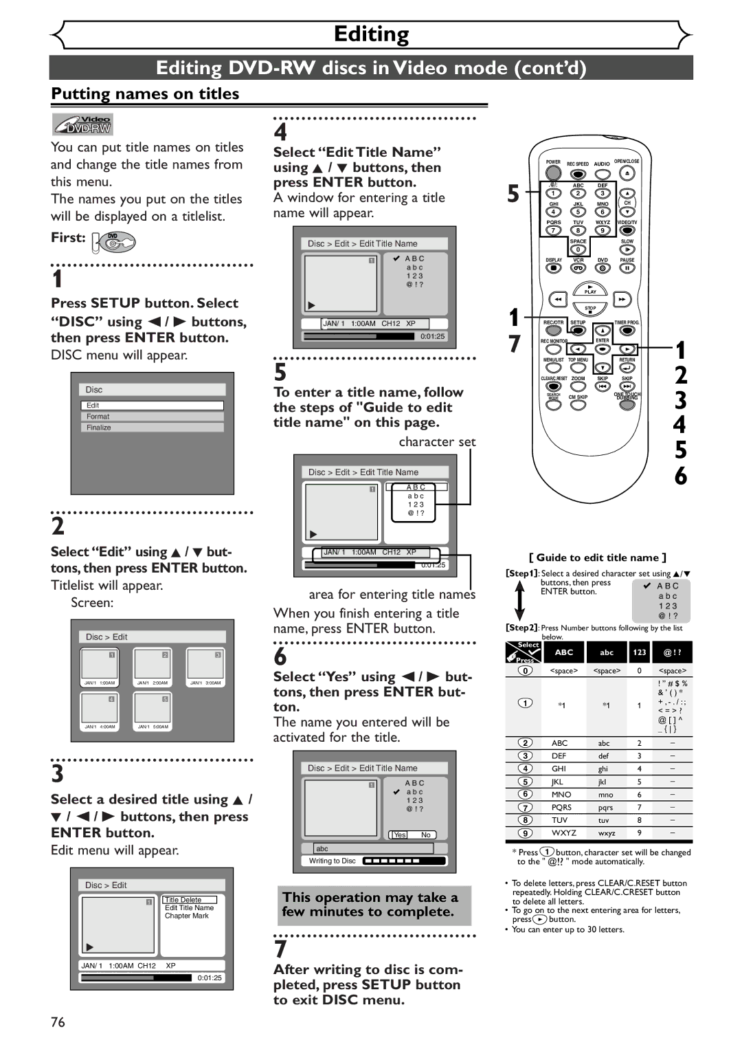 Sylvania SRDV495 owner manual Editing DVD-RW discs in Video mode cont’d, Putting names on titles 