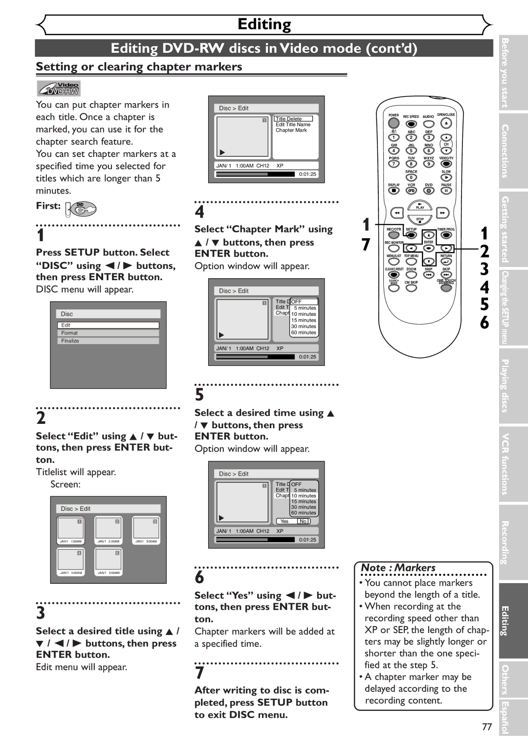 Sylvania SRDV495 owner manual Setting or clearing chapter markers, Select Chapter Mark using 