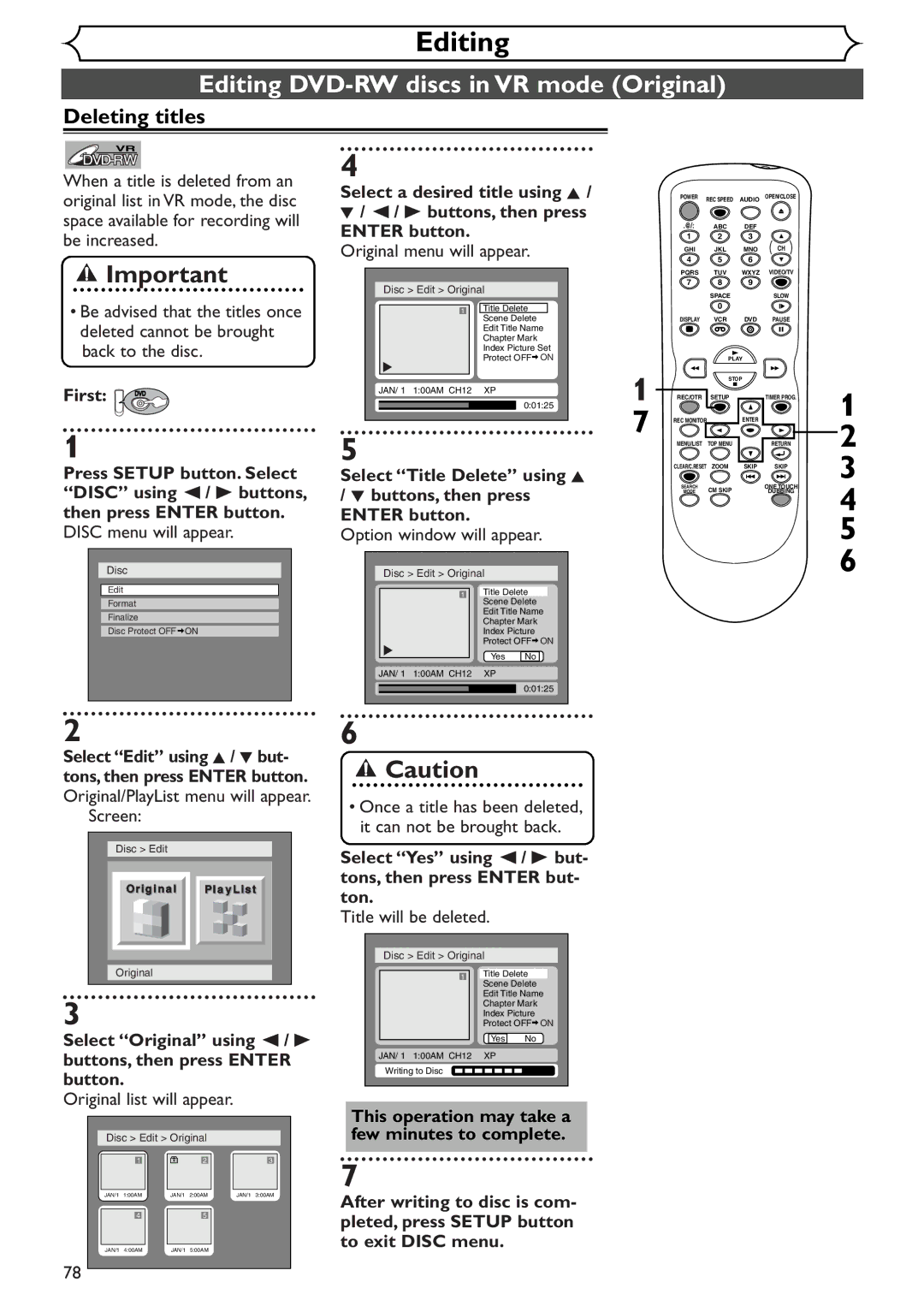 Sylvania SRDV495 Editing DVD-RW discs in VR mode Original, Select a desired title using K, Original menu will appear 