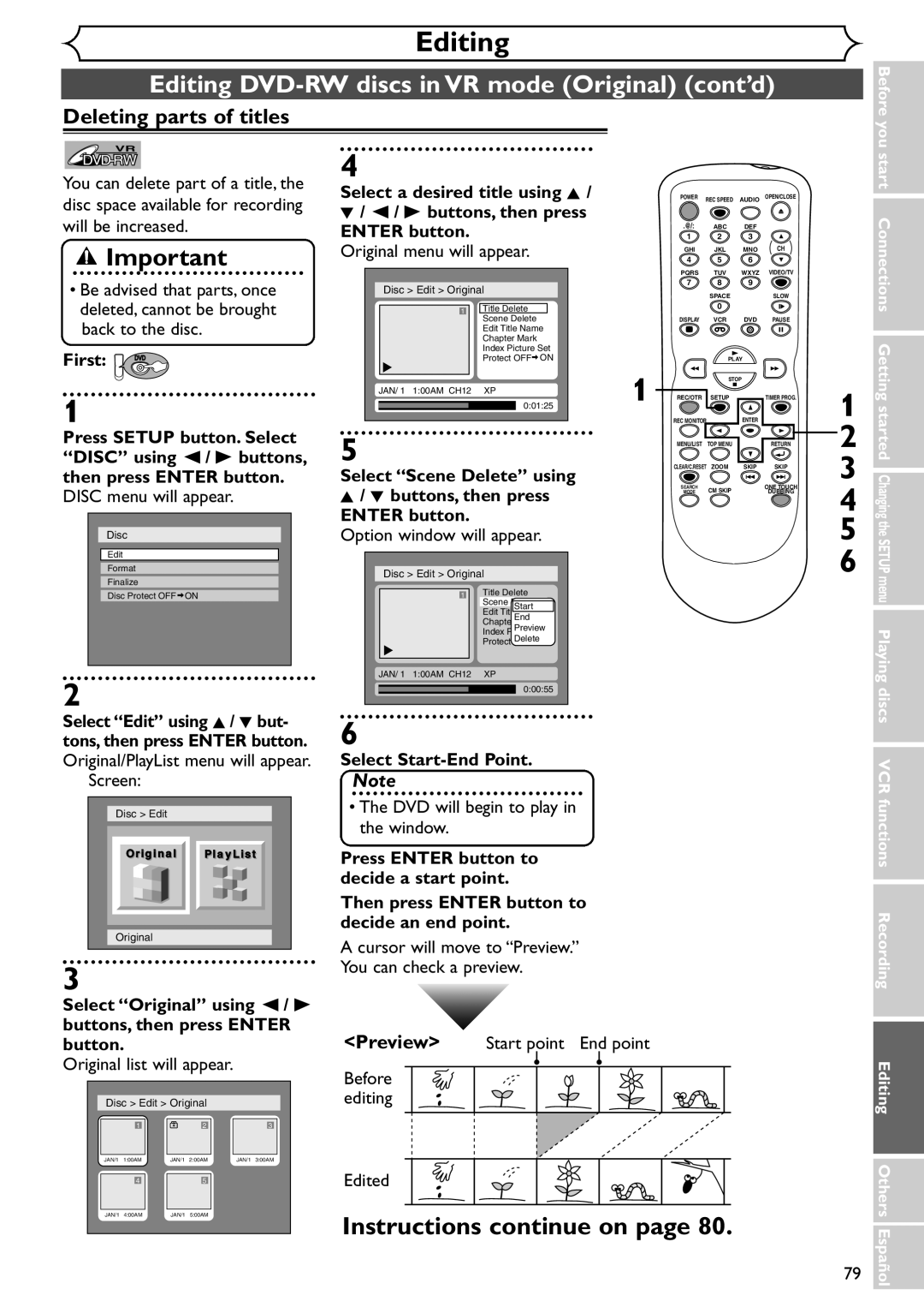 Sylvania SRDV495 owner manual Editing DVD-RW discs in VR mode Original cont’d, Deleting parts of titles 