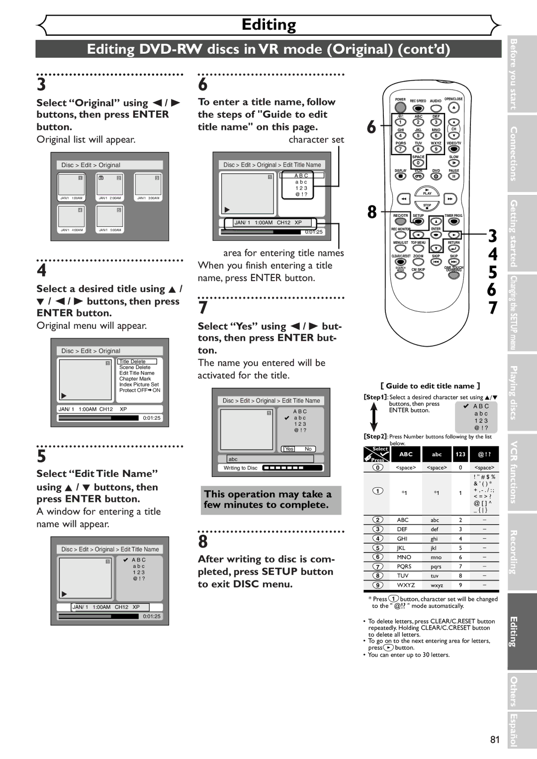 Sylvania SRDV495 Select Original using / B To enter a title name, follow, Buttons, then press Enter Steps of Guide to edit 