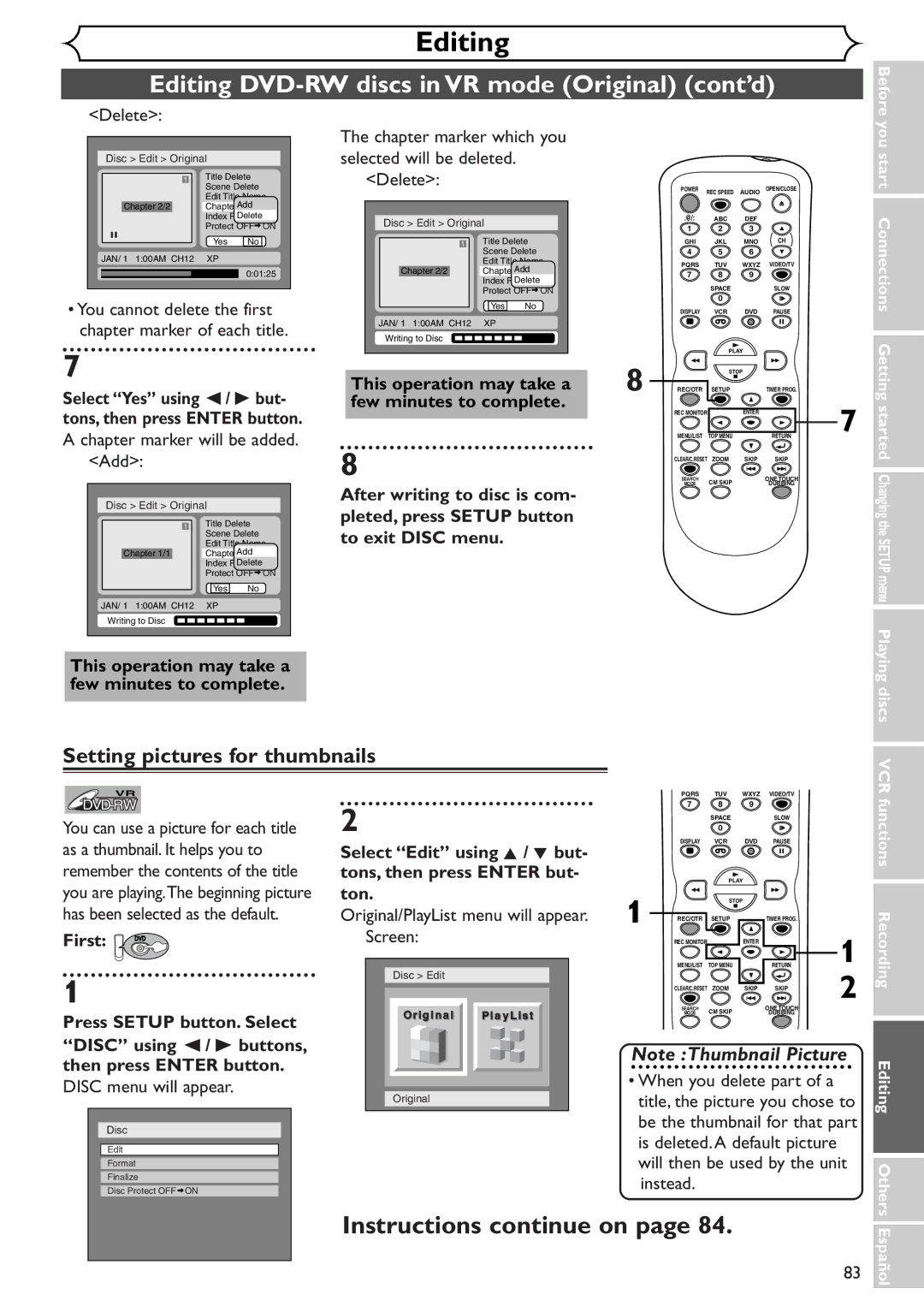 Sylvania SRDV495 owner manual Setting pictures for thumbnails 