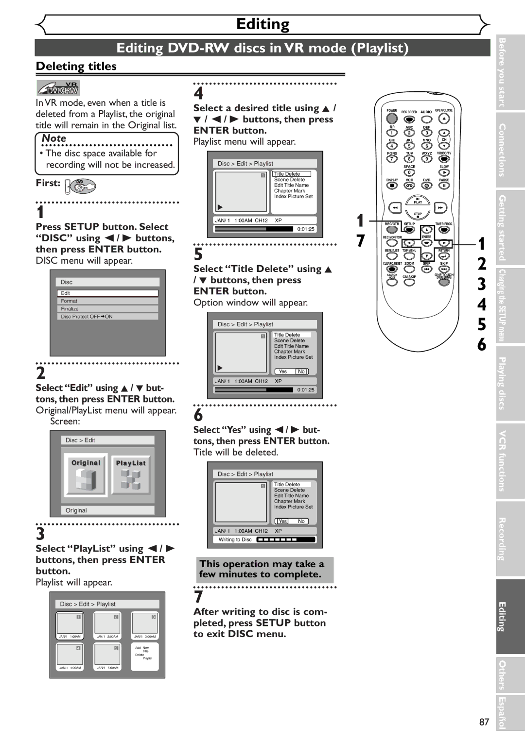 Sylvania SRDV495 owner manual Editing DVD-RW discs in VR mode Playlist, Playlist menu will appear, Playlist will appear 